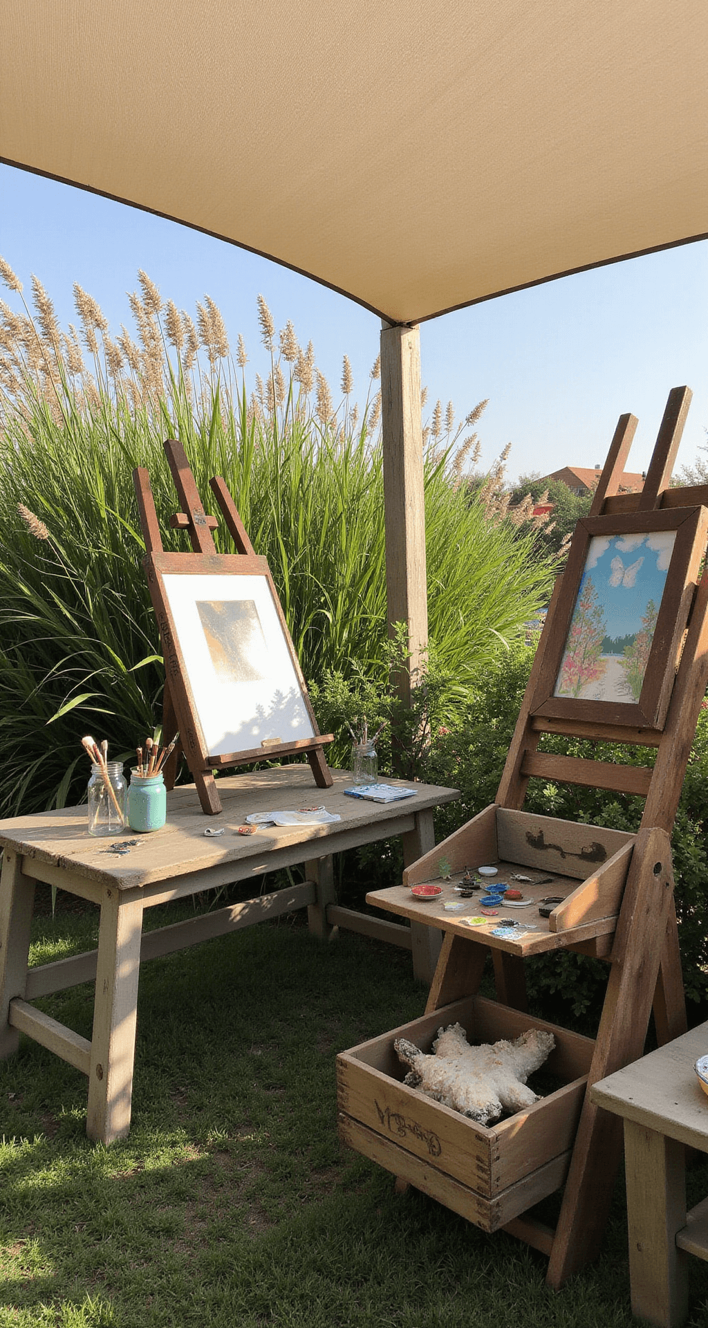 Children's art garden sanctuary with vintage easels under a canvas shade sail, a weathered wood paint station with mason jars of brushes, surrounded by tall ornamental grasses and butterfly bushes, featuring a child-sized cedar workbench displaying nature collections, all illuminated by soft morning sunlight.