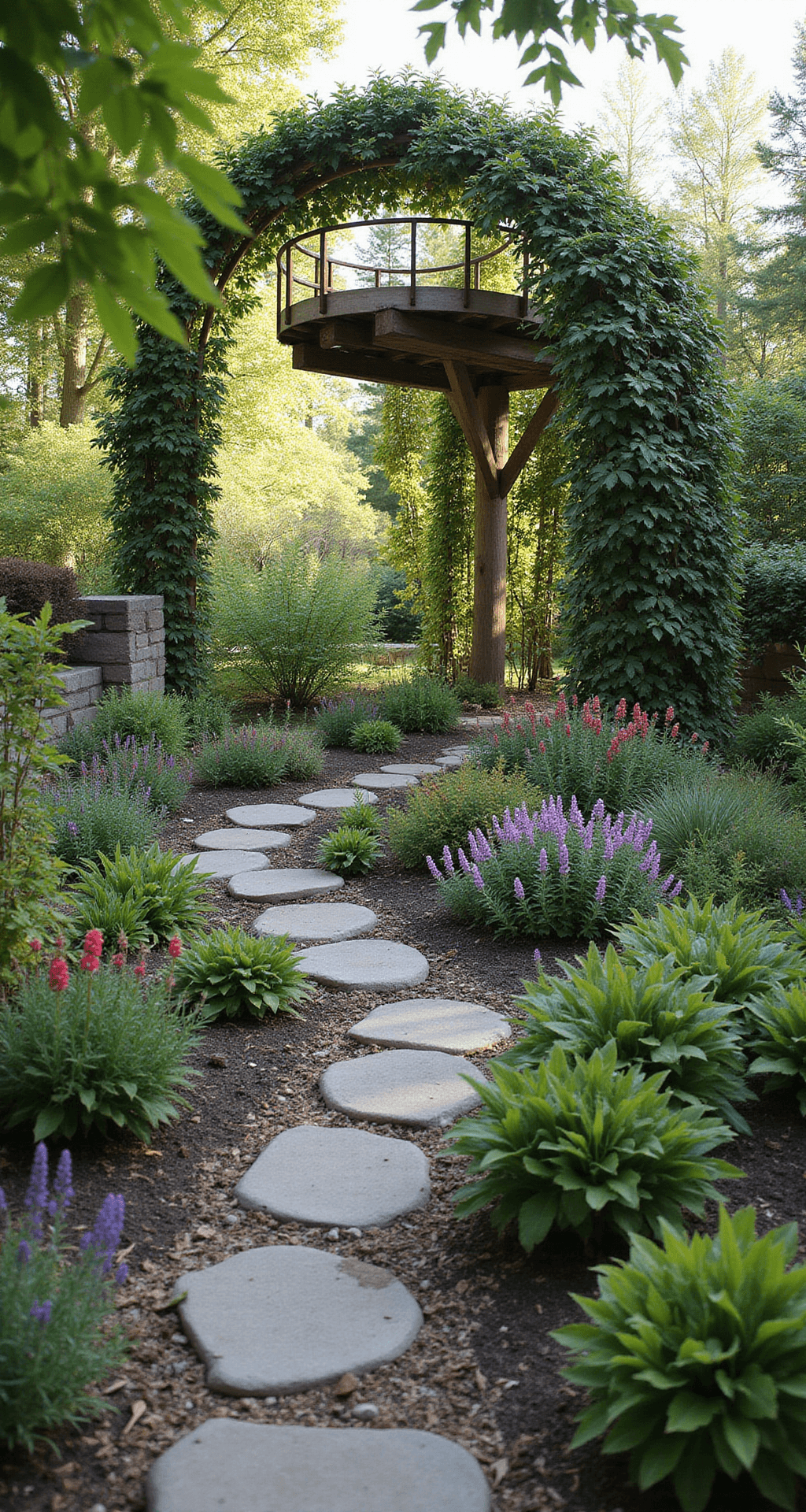 A vibrant adventure space featuring a meandering discovery path with varying heights, a tunnel of flowering vines, a natural lookout platform, and a butterfly garden filled with native plants, all under mid-morning light. Perennial plantings of mixed heights frame the pathways, inviting exploration.