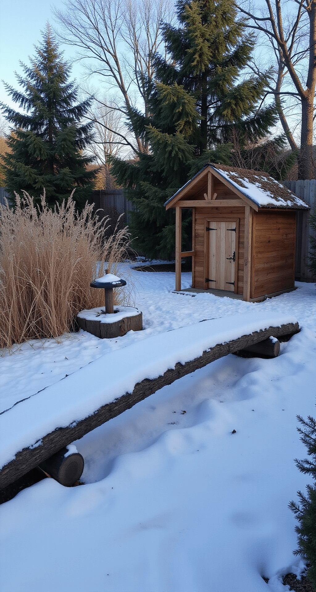 A winter morning scene of a 30x30ft all-weather play garden featuring a snow-covered log balance beam leading to a cedar playhouse with a living roof, surrounded by evergreens and a bird feeding station, with dried ornamental grasses adding interest, all under cool blue light from an elevated perspective.