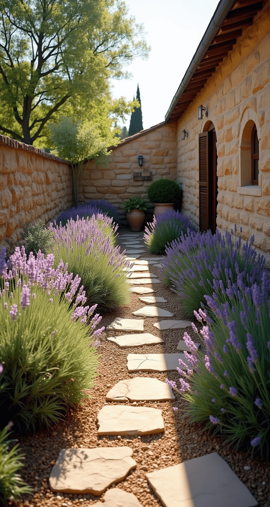 A wide-angle view of a sun-drenched Mediterranean garden terrace at golden hour, featuring curved lavender borders, ancient limestone walls, and a winding stone pathway surrounded by blooming English and Spanish lavender. Silver-leafed plants like sage and woolly artemisia enhance texture, while terracotta pots with specimen plants are strategically placed. The warm light filters through the lavender, highlighting the purple blooms against ochre stonework, captured from a slightly elevated position to showcase the geometric planting design.