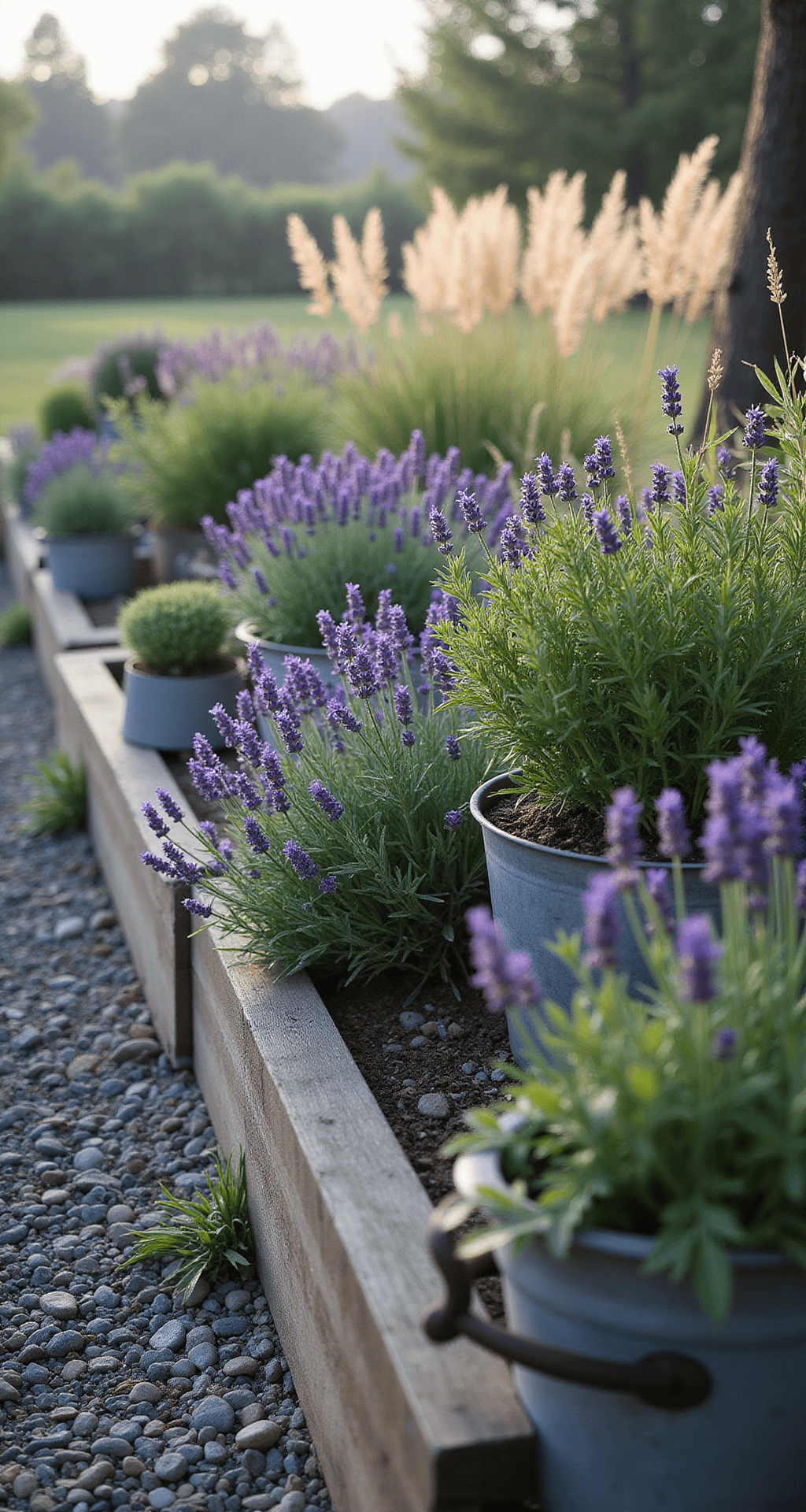 An intimate morning garden scene featuring a 6x8ft raised lavender bed made from weathered cedar, highlighted by dew-covered 'Munstead' lavender blooms, with ornamental grasses in the background and rustic zinc containers with cascading rosemary, all set against a backdrop of river rocks and cool morning light, captured from a low angle to emphasize the plant forms in a soft depth of field.