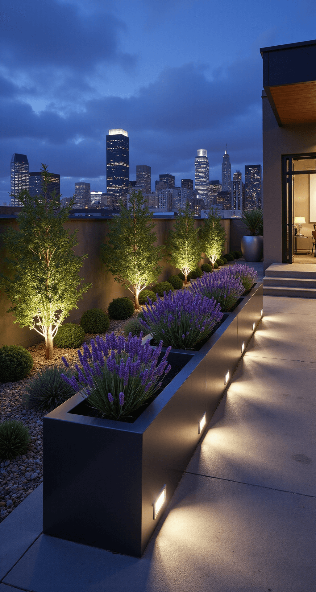 Dramatic twilight view of a modern rooftop garden featuring linear steel planters filled with Spanish lavender, minimalist concrete seating, and metallic containers, with an urban skyline backdrop and LED uplighting enhancing the sculptural forms and deep purple blooms.