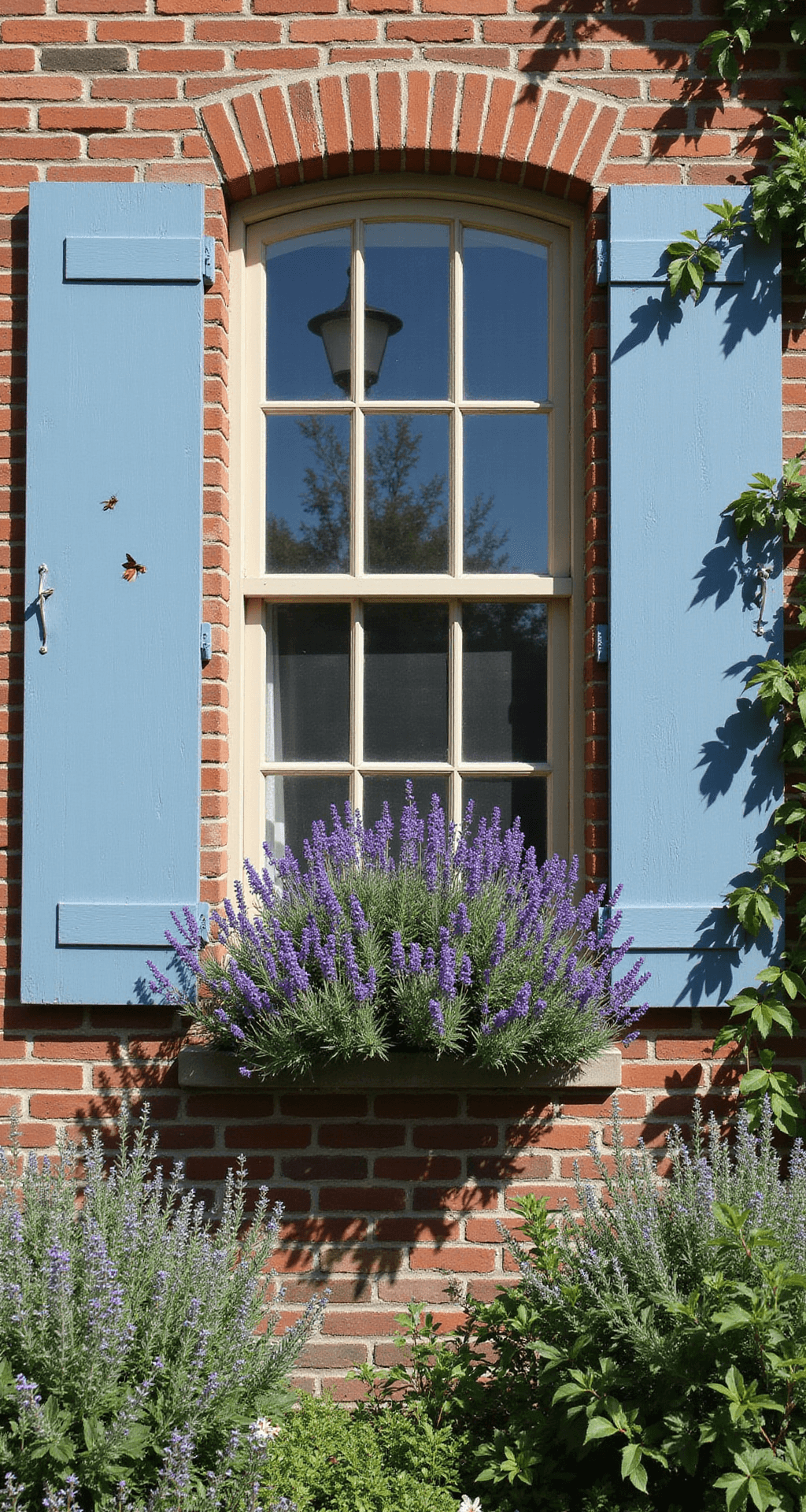 A sunlit cottage garden with a window box filled with English lavender and trailing silver dichondra, weathered blue shutters, climbing roses, and animated by honey bees and butterflies, captured straight-on in soft morning light.
