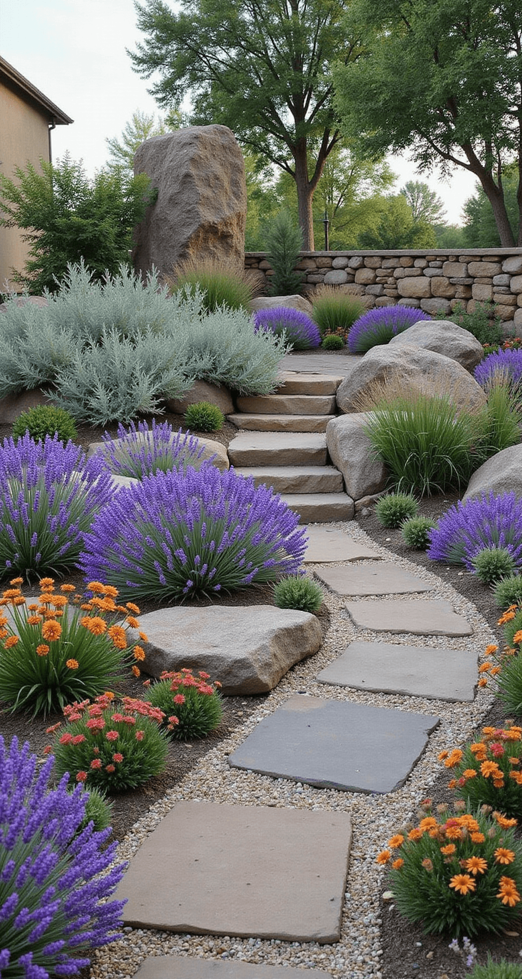 Afternoon study of a 10x12ft rock garden with drought-resistant lavender, stacked slate levels, granite boulders, cascading woolly lavender, Echinacea for height, gravel pathways, and side lighting highlighting textures and plant forms, captured from a 45-degree angle for depth.
