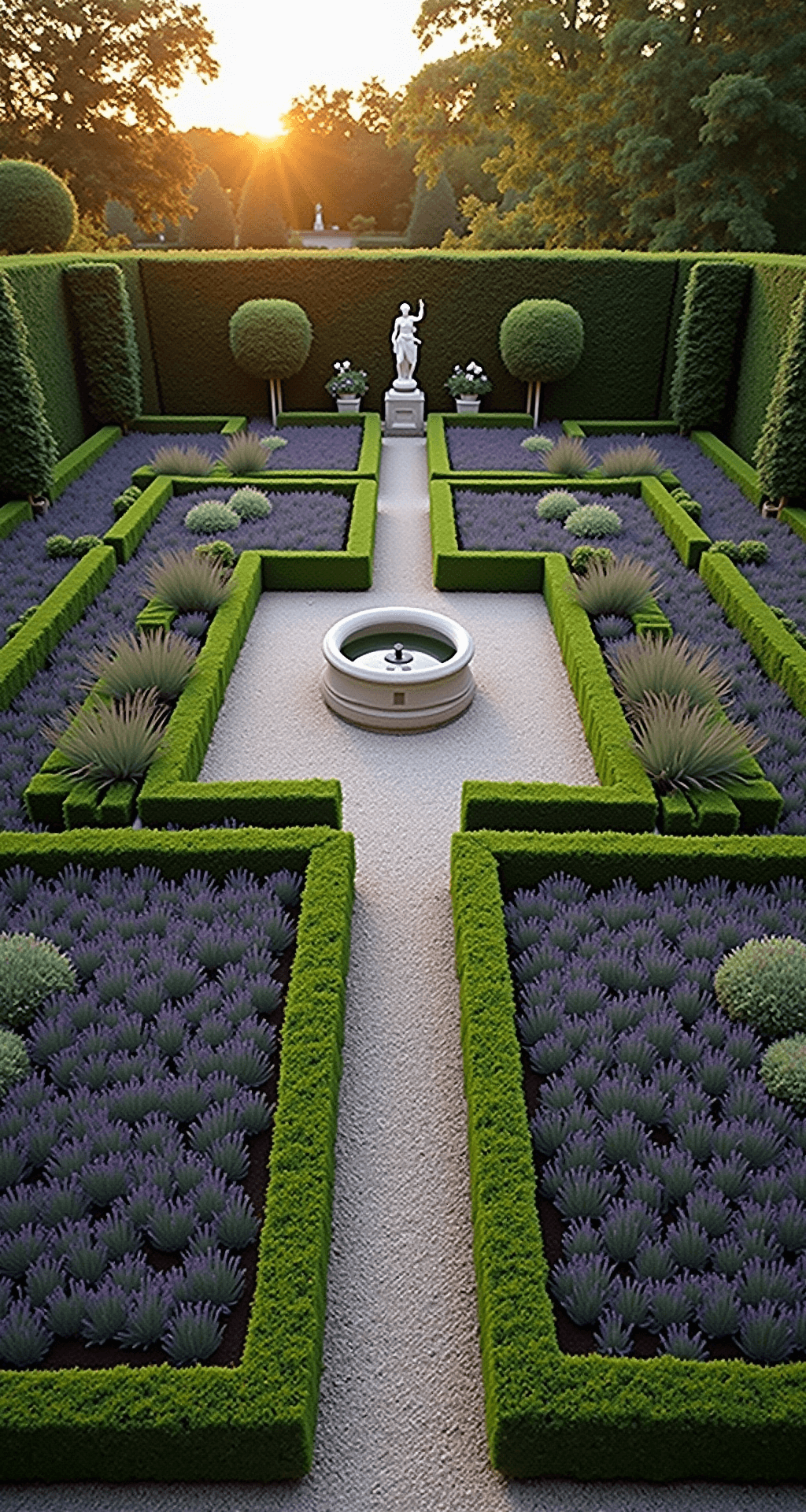 Bird's eye view of a formal French-inspired lavender parterre garden at 6pm, featuring geometric beds of 'Hidcote' lavender outlined by trimmed boxwood, gravel paths, a central fountain reflecting golden hour light, precision-pruned topiaries at corners, and classical statuary, all illuminated by warm directional lighting.