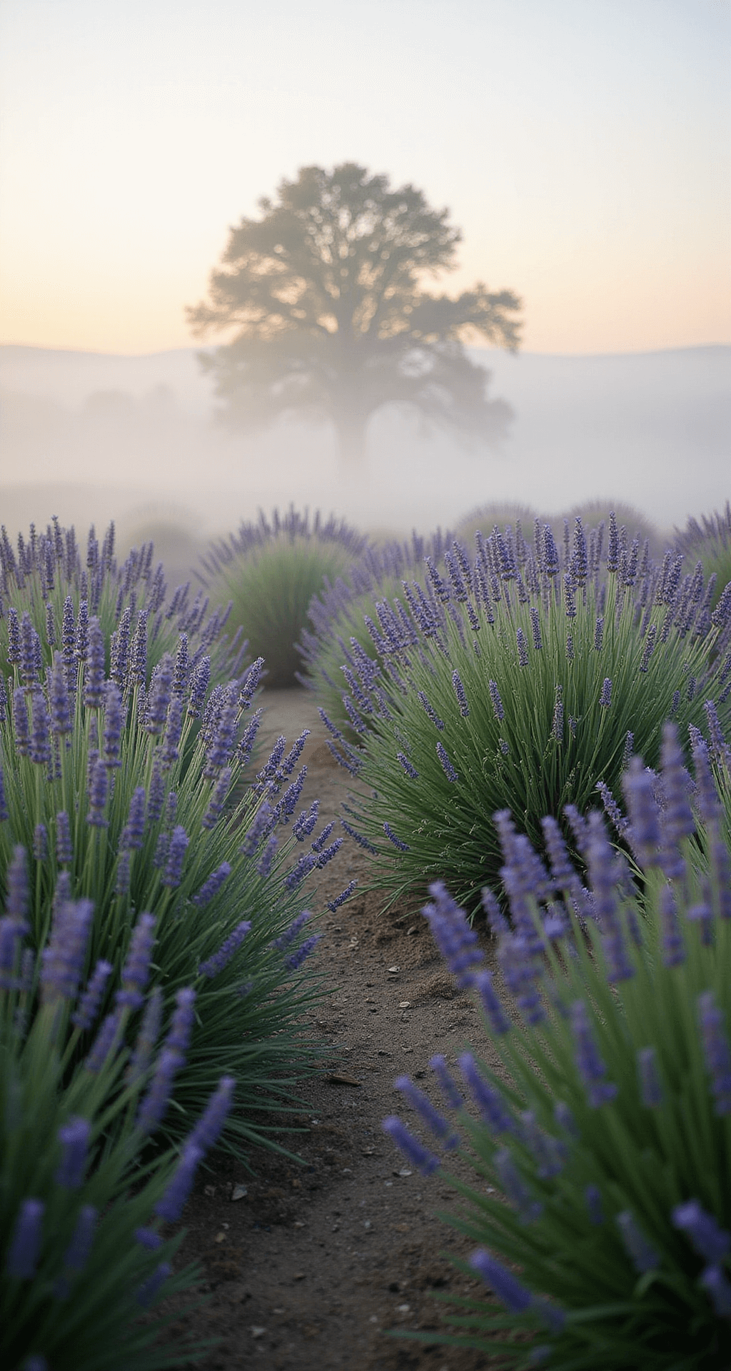 A serene morning scene depicting a lavender meadow at dawn, with waves of purple flowers, native grasses swaying gently, and a soft fog filtering the early light. Dew drops glisten as the view captures the landscape from ground level through lavender stems towards a distant tree line.