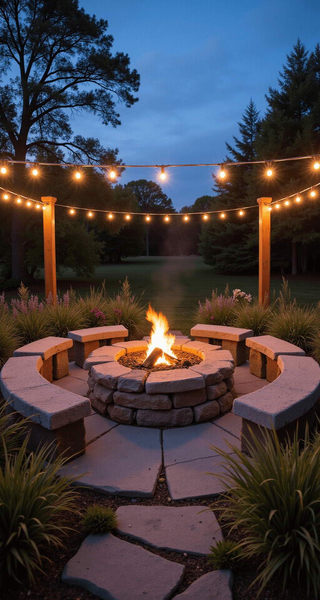 Twilight scene of a spacious backyard featuring a natural stone fire pit with flames, surrounded by curved boulder benches, native grasses, wildflowers, and ambient string lights draped between cedar posts, shot at ground level for atmospheric depth.