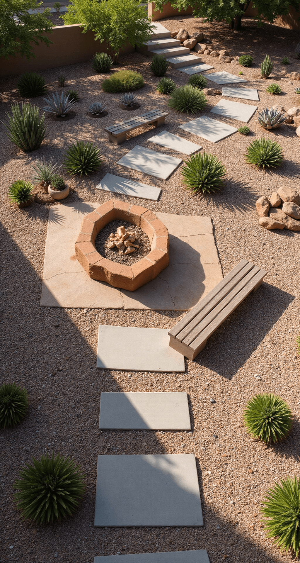 Wide-angle view of a desert fire pit area featuring a central square sandstone fire pit, surrounded by geometric shadows from succulents and drought-resistant plants on granite pathways, complemented by modern concrete benches with wood tops, all illuminated by morning light.