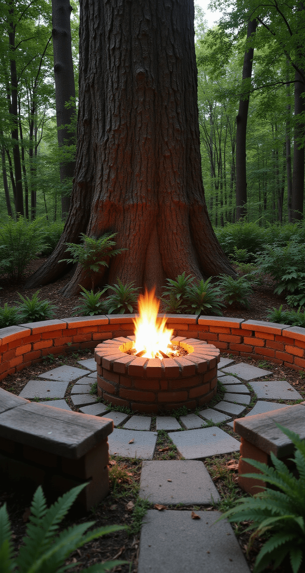 Intimate fire pit retreat in a woodland setting, featuring a reclaimed brick fire pit surrounded by crescent-shaped log seating, natural stone pavers, and soft greenery, with warm firelight illuminating the scene.