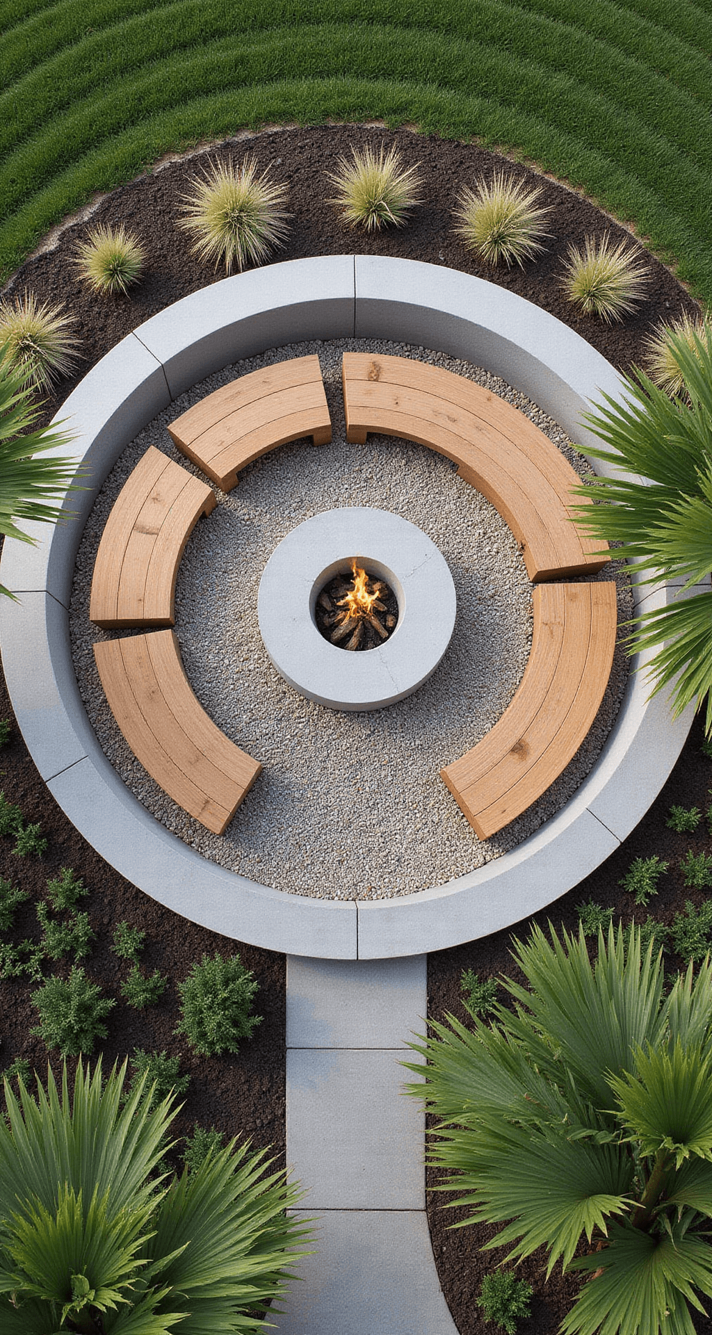 Overhead view of a contemporary coastal fire pit area featuring a smooth concrete fire bowl set in a circular pea gravel pad, framed by palm fronds and encircled by built-in teak benches, with marine-grade stainless steel accents and ornamental grasses, all in a cool coastal color palette.
