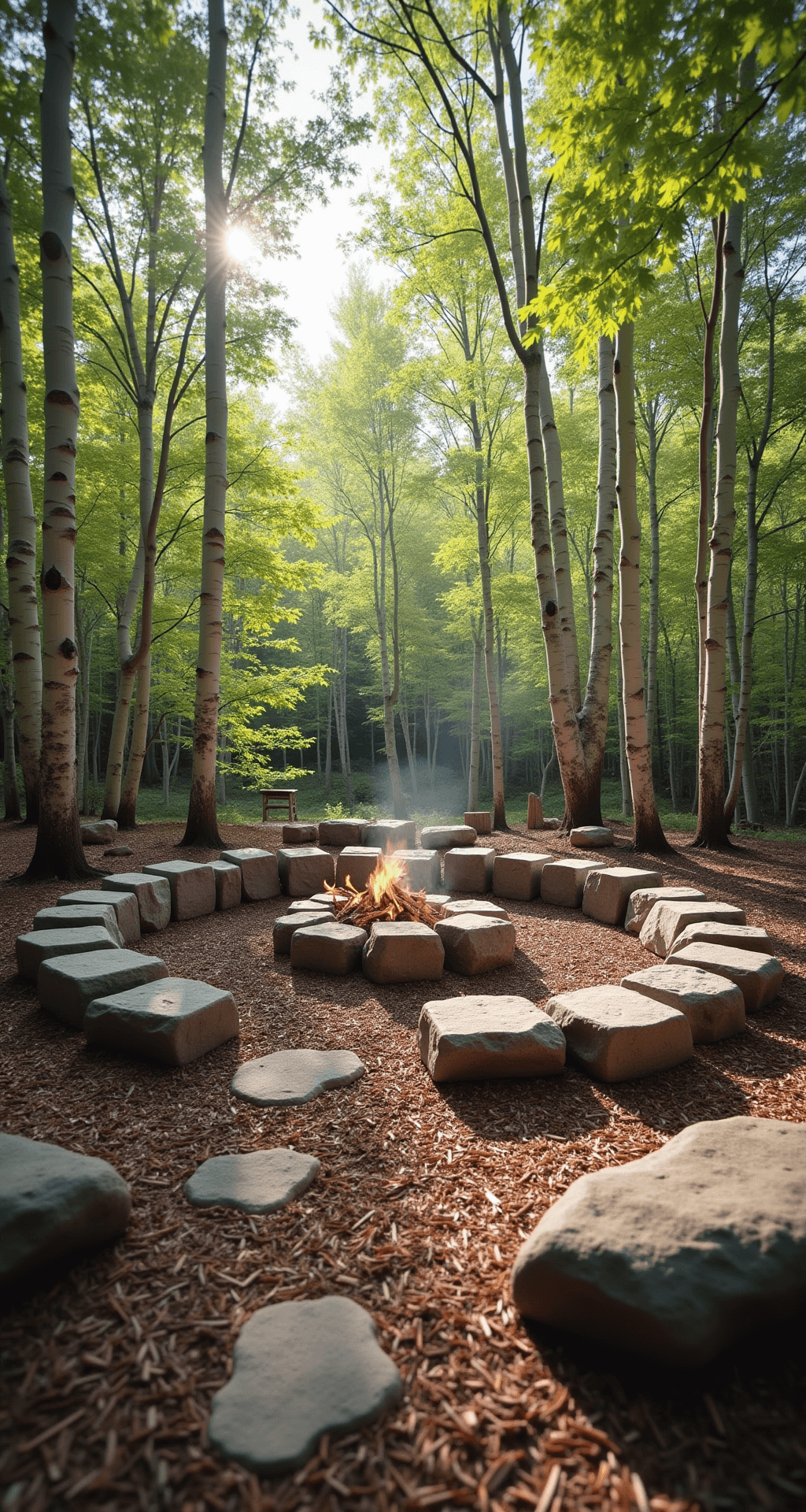 Ground-level view of a mountain retreat fire pit surrounded by massive granite boulders, featuring rough-hewn stone seating, carpeted with pine needles, and organic river rock pathways. Dappled sunlight filters through the canopy of aspen trees above.