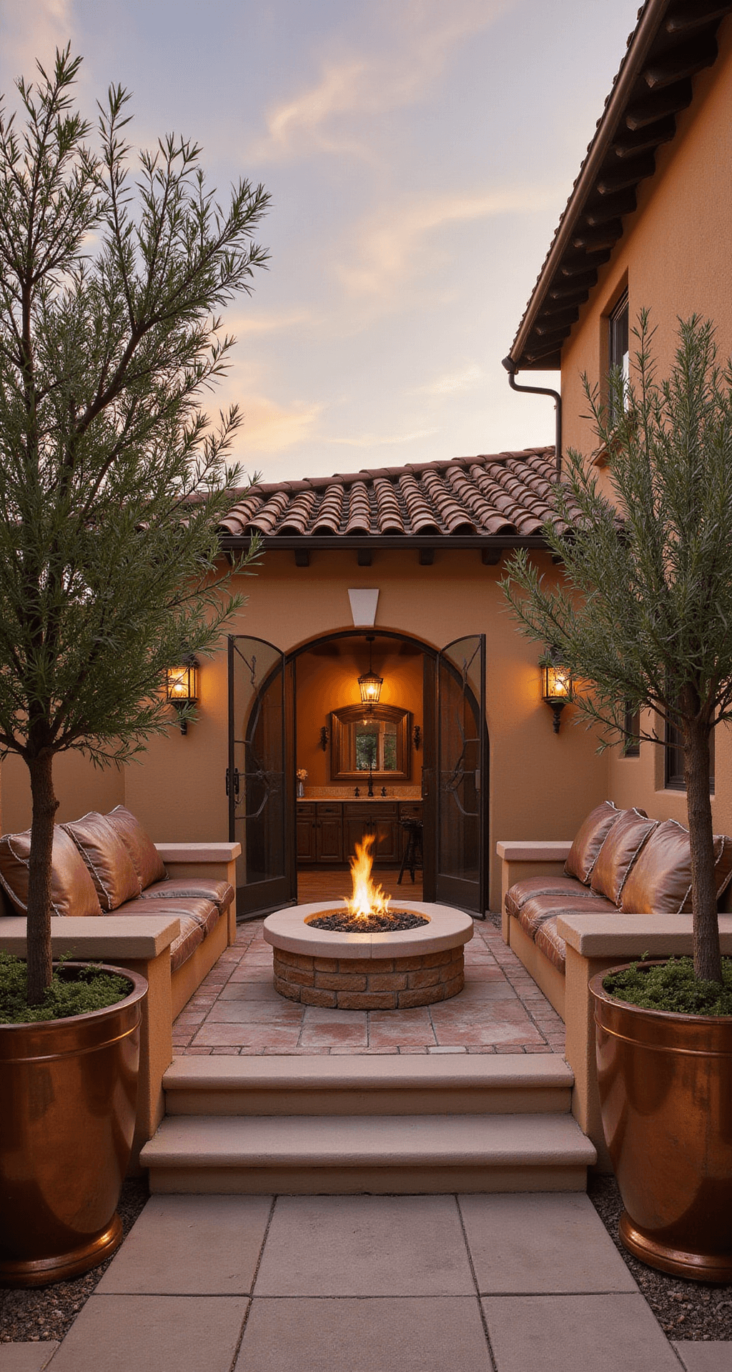 Golden hour view of a Mediterranean-style fire pit courtyard featuring a terracotta and hand-painted tile surround, gas-powered fire feature, olive trees in copper planters, built-in stucco seating with weathered leather cushions, and wrought iron lanterns, all illuminated in warm sunset tones.
