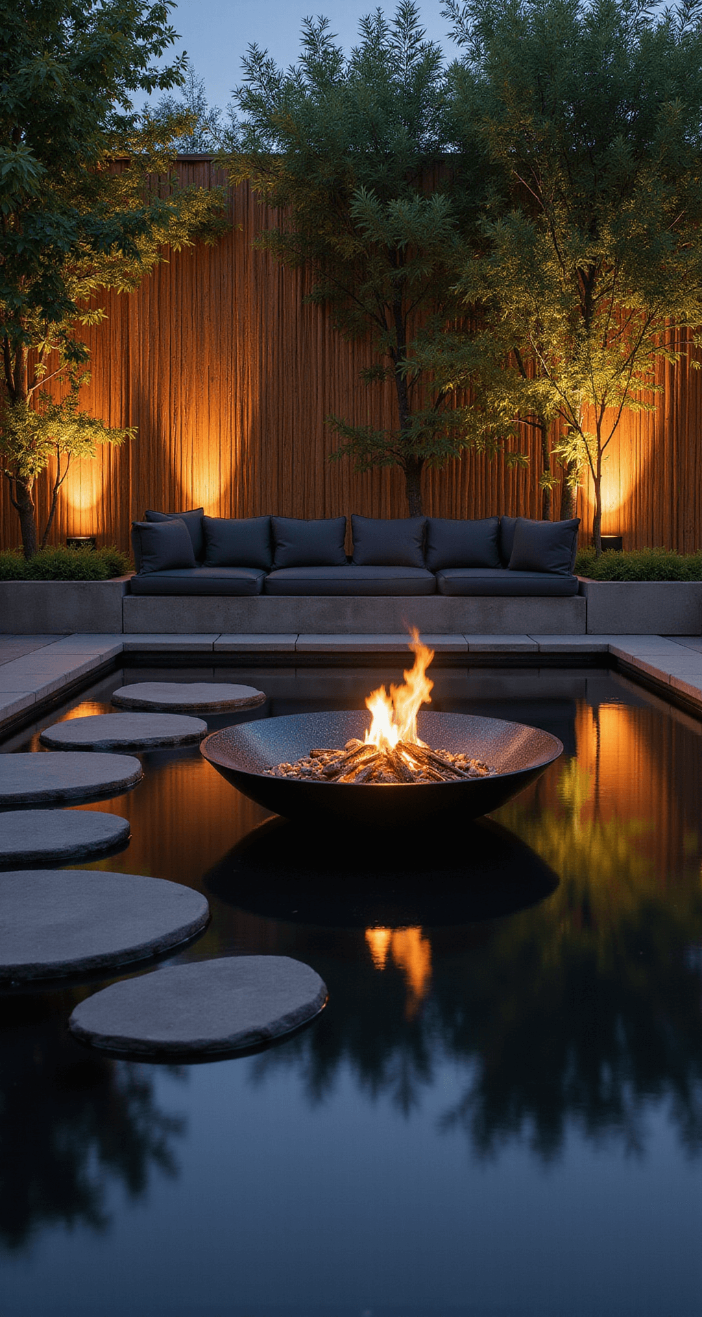 Dramatic night scene of a modern Asian-inspired fire pit garden, featuring a black granite fire bowl in a reflection pool surrounded by stepping stones, bamboo walls, copper uplighting, and minimalist concrete seating with charcoal cushions, captured in low angle with long exposure for light trails.