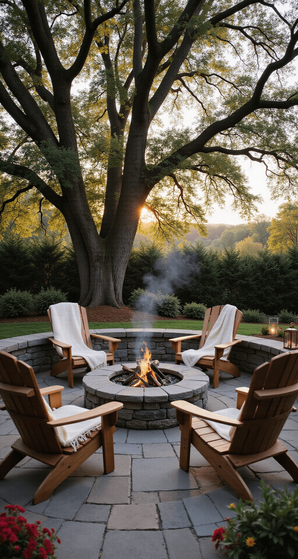 A twilight backyard featuring a large natural stone fire pit made of rough-cut granite blocks at the center of a flagstone patio, surrounded by Adirondack chairs with cream wool throws. Warm sunlight filters through oak trees, illuminating copper lanterns and mason jar tea lights, while soft smoke rises from glowing embers amid deep green landscaping and autumn foliage.