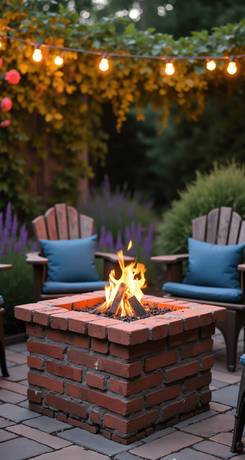 Low-angle view of a salvaged brick fire pit at dusk, showcasing vintage red clay bricks surrounded by a cottage garden with lavender and climbing roses, rustic metal chairs with indigo cushions, and warm string lights overhead.