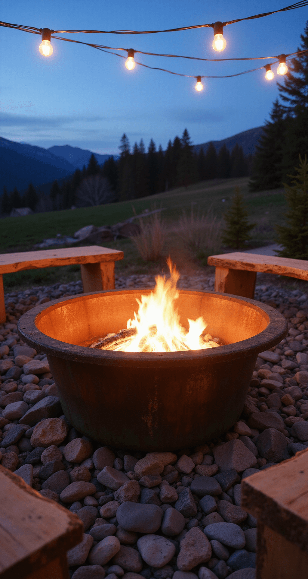 An eye-level view of a repurposed industrial fire pit made from a converted metal dye vat, surrounded by river rocks and raw edge wooden bench seating, at blue hour. The scene features warm fire glow contrasted with cool evening light, enhanced by Edison bulb string lights overhead. The materials include patinated copper, natural wood, and smooth stones in verdigris, warm browns, and slate gray.
