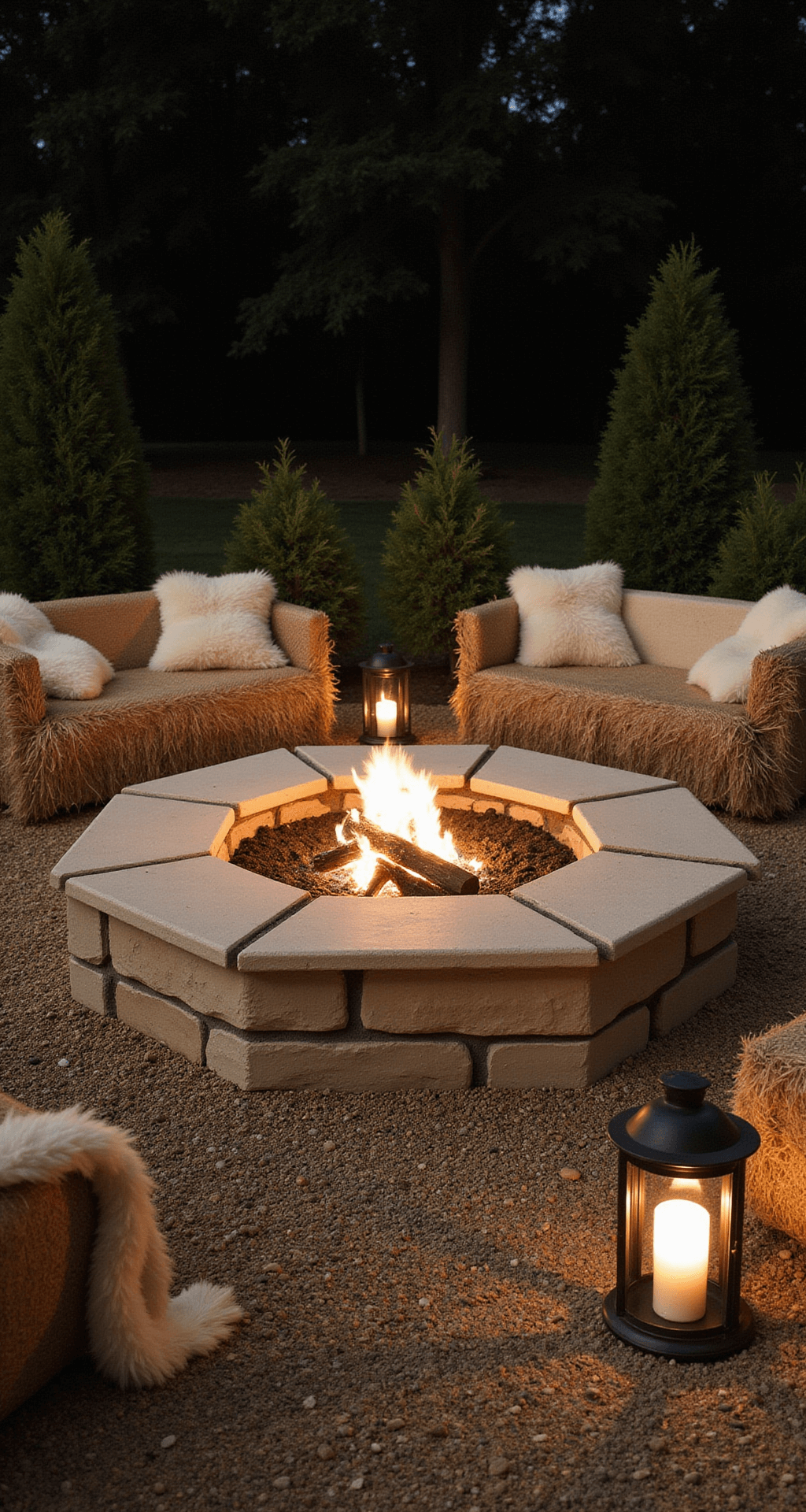 Ground-level view of a hexagonal limestone fire pit at night, featuring rough-cut cream blocks and dark mortar, surrounded by straw bale seating wrapped in burlap and adorned with sheepskin throws, with hurricane lanterns and pillar candles lining a gravel pathway.