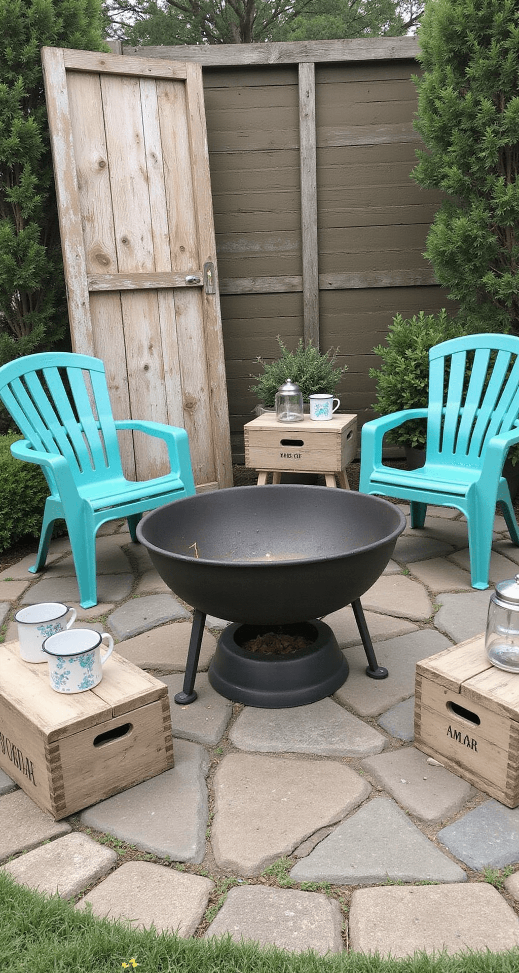A rustic fire pit vignette featuring a 3-foot steel fire bowl on a flagstone patio, surrounded by faded turquoise vintage lawn chairs. Wooden crates are used as side tables, decorated with lanterns and enamelware mugs, with a weathered barn door in the background, showcasing aged metals, warm stone tones, and vintage aqua accents.