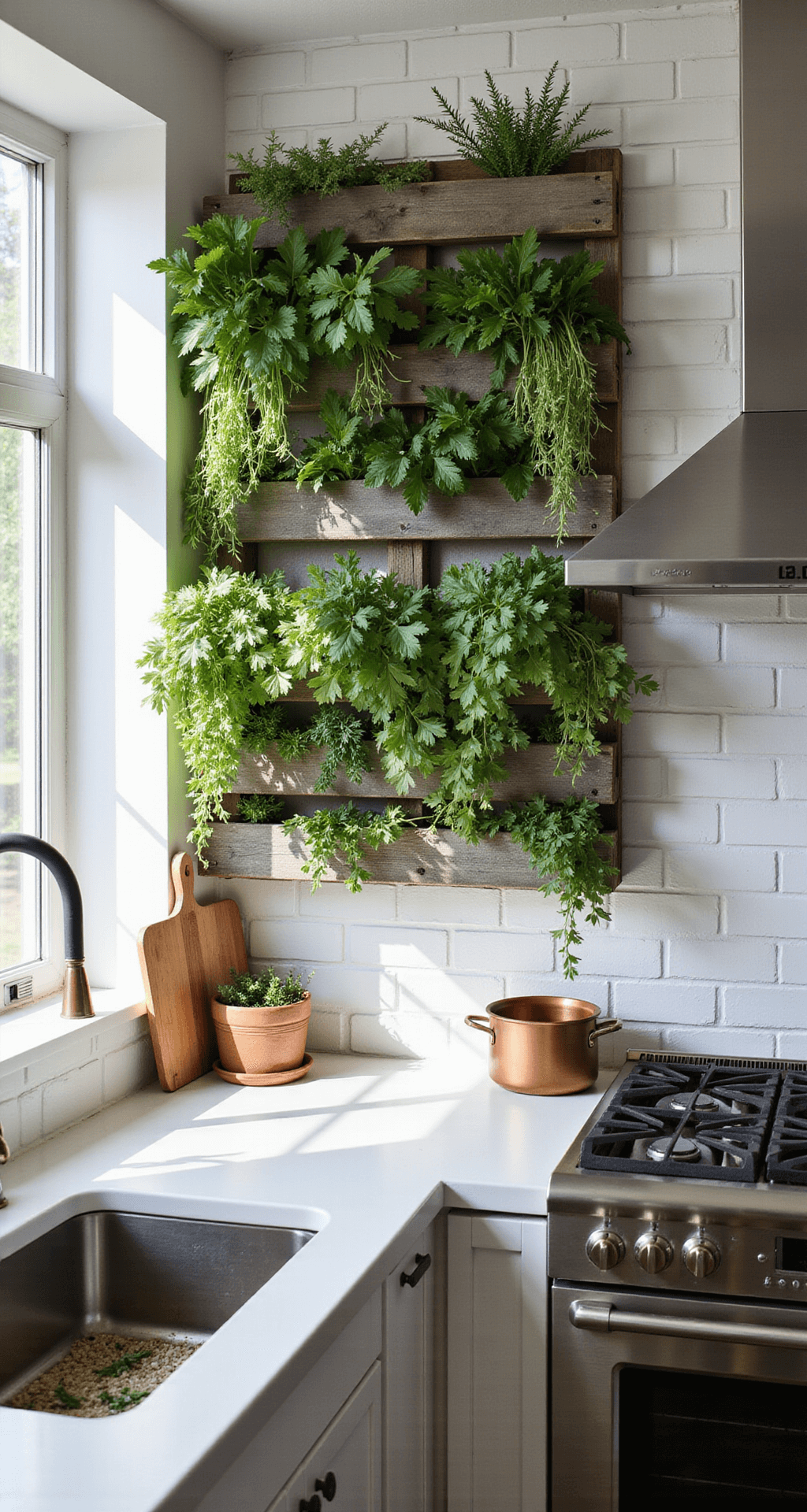 A bright modern kitchen with a living herb wall, featuring a weathered gray pallet garden, stainless steel appliances, and sunlight streaming through large windows, casting shadows on white subway tiles.