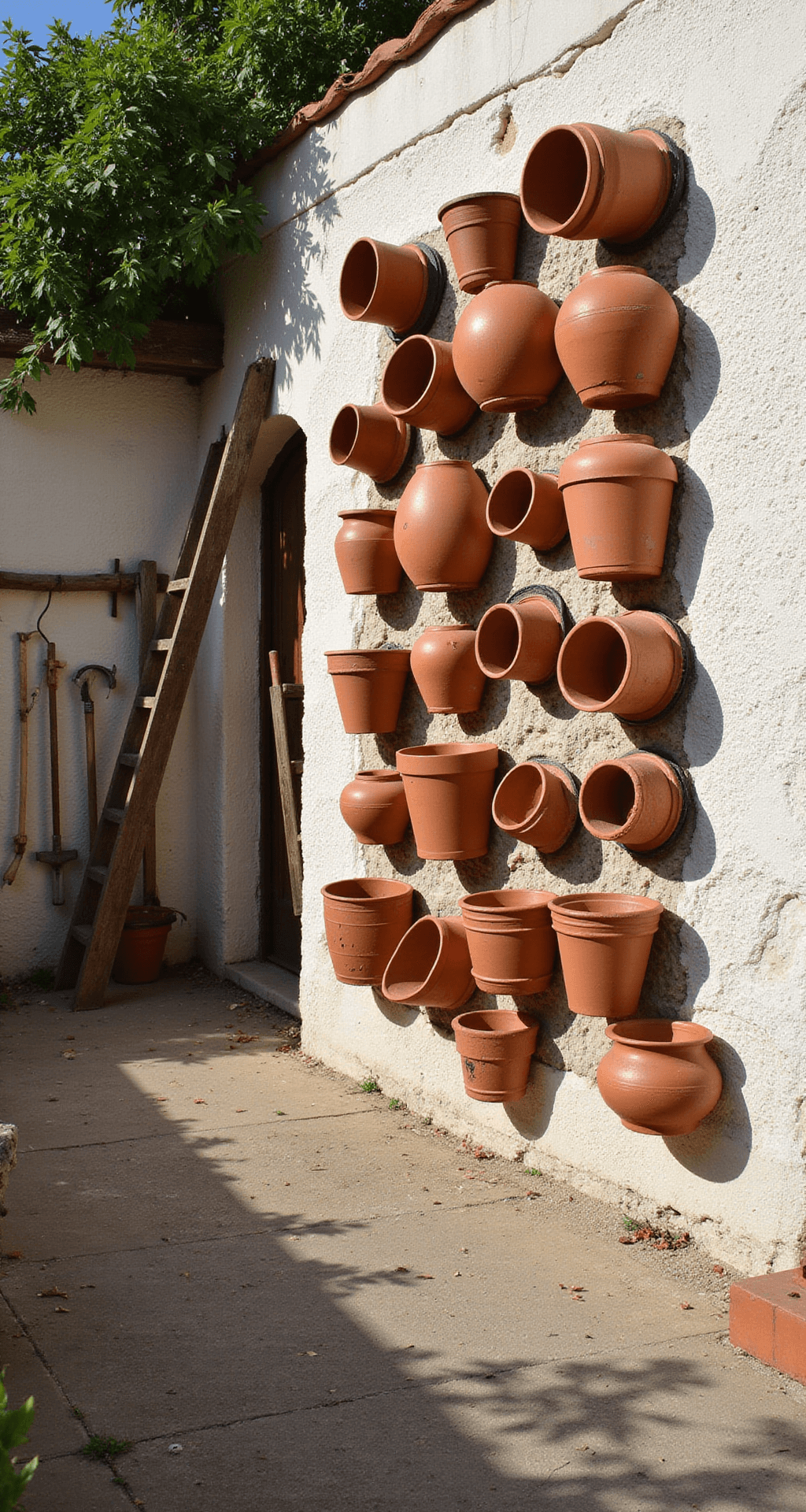 A Mediterranean courtyard with a wall of varying-sized terracotta pots, arranged symmetrically on a whitewashed stone wall, cast dramatic shadows in the midday sun. A rustic wooden ladder nearby holds garden tools, while rich earthy tones and vibrant greenery add contrast. The wide-angle perspective emphasizes the installation's height and scale.