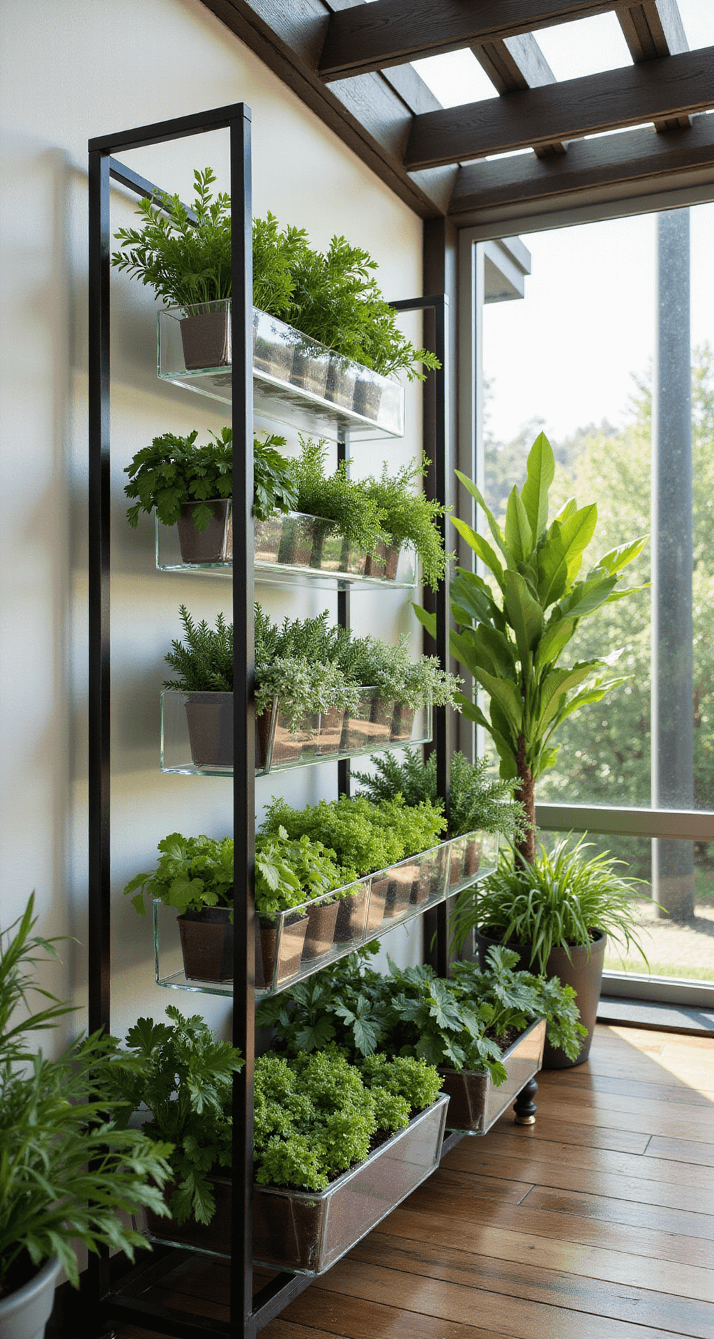 Contemporary sunroom with a tiered herb garden, featuring custom steel framework and clear glass planters at varying heights, illuminated by diffused afternoon light through a pergola, set against minimalist white walls and abundant greenery, captured from an elevated position to highlight geometric design elements.
