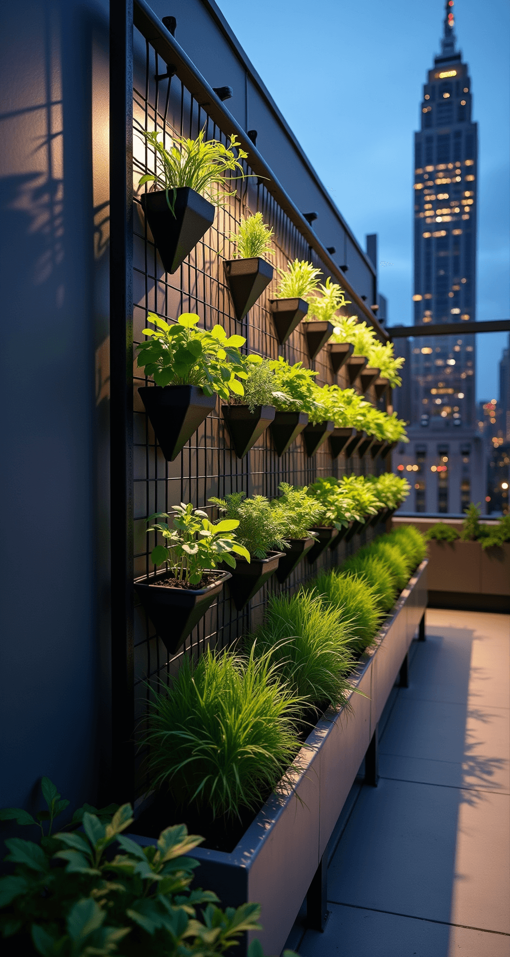 Urban rooftop garden with a modular vertical herb system on a 12ft industrial metal grid wall. Geometric concrete planters filled with plants are illuminated by dramatic uplighting against a charcoal wall. The city skyline is visible in the background during blue hour, with ambient city lights enhancing the cool color palette and warm accent lighting.
