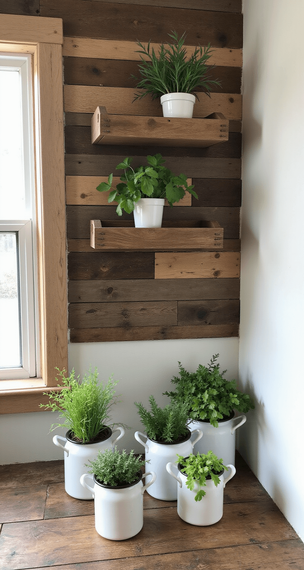A cozy farmhouse kitchen accent wall featuring repurposed wooden crates in various wood tones, displaying fresh herbs in vintage enamelware. A rustic wooden counter is adorned with greenery, all bathed in soft north-facing light, showcasing organic textures and lived-in styling details.