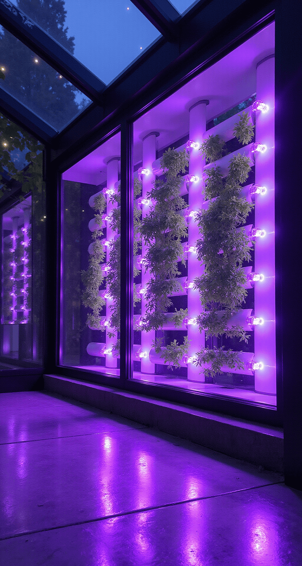 A modern conservatory with a hydroponic herb wall system featuring sleek white PVC channels on a 10ft glass wall, illuminated by ethereal purple-blue LED grow lights. The polished concrete floors reflect the lighting dramatically, with a low-angle shot taken during evening hours highlighting the contrast between the dark space and the illuminated plants.