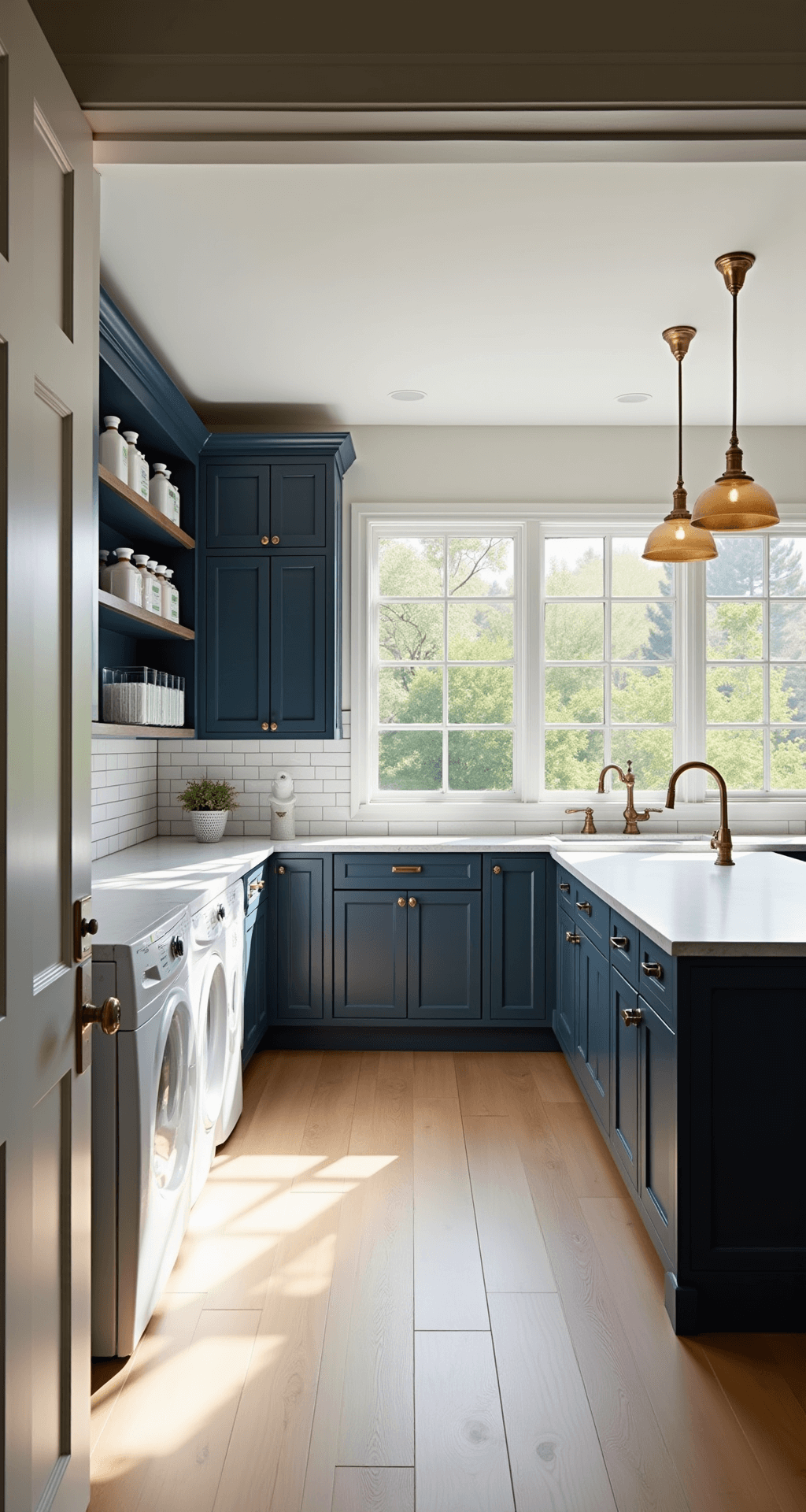 A bright and airy modern farmhouse laundry room featuring a U-shaped layout with white appliances, expansive quartz countertops, floor-to-ceiling navy blue cabinets, open shelving with color-coded detergent dispensers, a pull-out hamper, an oversized farmhouse sink with brass fixtures, and a retractable clothesline; all bathed in warm afternoon sunlight from large windows, with wide-plank light oak flooring and elegant brass pendant lighting.