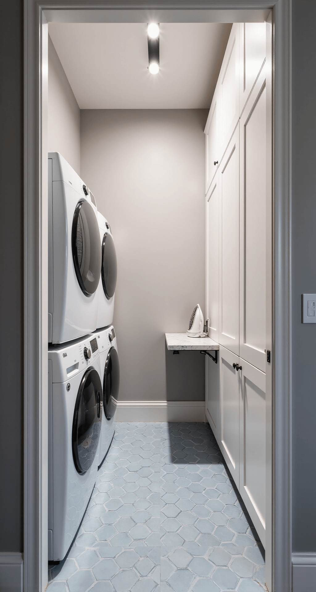A compact, minimalist Scandinavian-style laundry room with soft LED lighting, featuring a stacked washer/dryer on the left and floor-to-ceiling white cabinets on the right. A custom marble folding station extends from the right wall, with integrated pull-out drying racks and ironing board. The serene space boasts pale gray walls, light wood accents, and a statement hexagonal tile floor in soft blue and white. An eye-level view from the entrance highlights the efficient use of the narrow space.