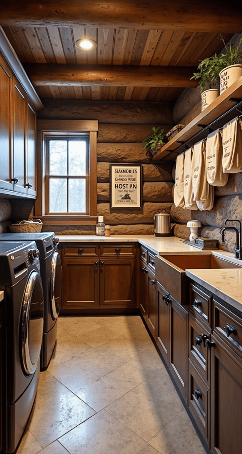 A rustic mountain lodge laundry room with exposed wooden beams, featuring rich dark wood cabinetry, front-loading appliances, an oversized copper sink, and a custom wooden drying rack. Natural light filters through small windows, highlighting the cozy cabin aesthetic with a stone accent wall and slate flooring. Antique laundry decor adds nostalgic charm.