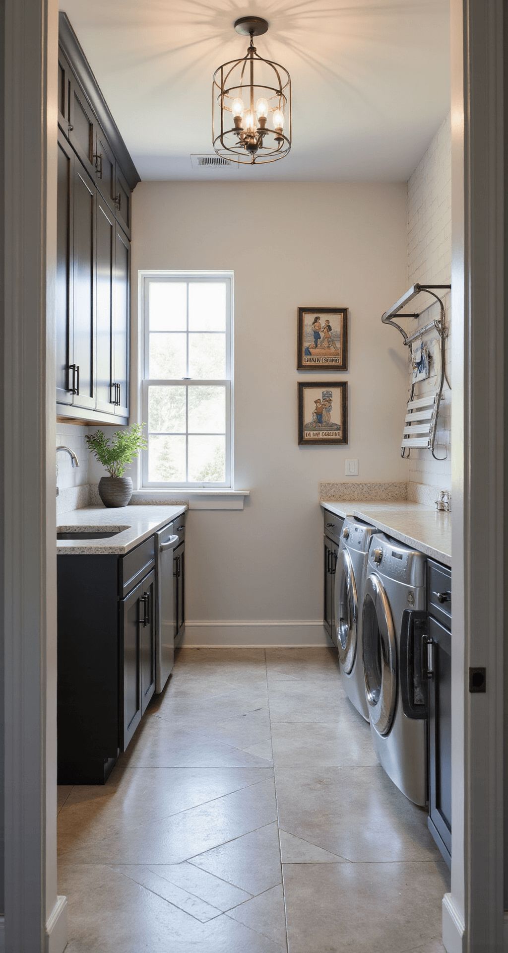 A chic transitional laundry room featuring two-tone cabinetry, quartz countertops, and herringbone tile flooring, illuminated by recessed lighting and a chandelier, showcasing a functional galley layout with modern amenities and vintage decor.