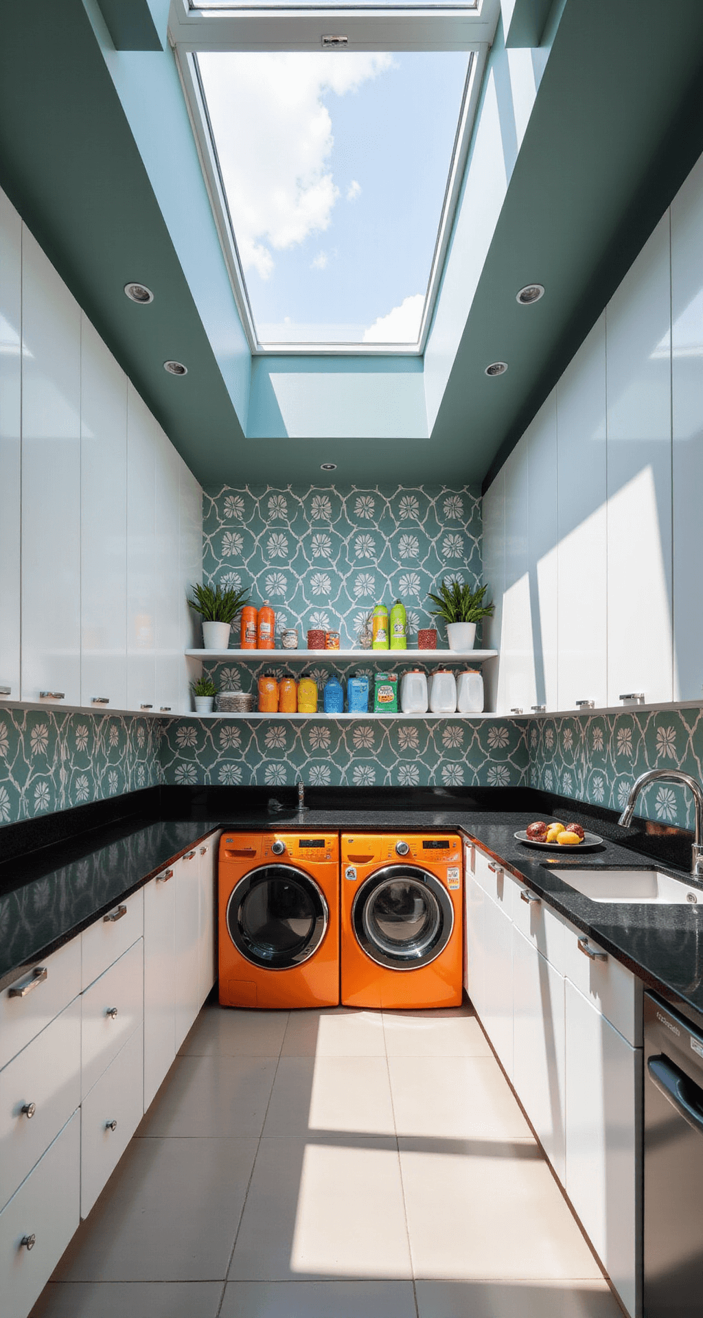 A modern laundry room featuring a U-shaped layout with bold colored appliances, glossy white handle-less cabinets, contrasting black quartz countertops, and open shelving with color-coordinated laundry supplies. The room is filled with natural light from a large skylight, showcasing geometric patterned teal and white wallpaper, smart appliances with touchscreen controls, and a retractable clothesline system in the ceiling.