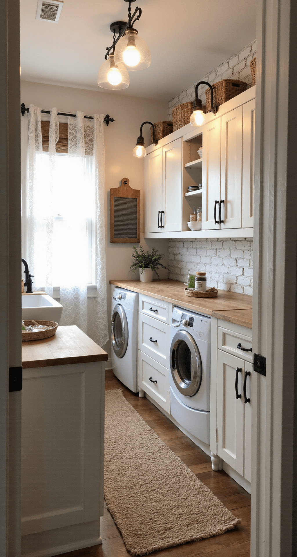 A cozy farmhouse-style laundry room with vintage sconces, early morning light filtering through lace curtains, featuring front-loading appliances, distressed white shaker cabinets, butcher block countertops, an apron-front sink, and a whitewashed brick wall, all complemented by woven baskets and a vintage washboard as wall art.