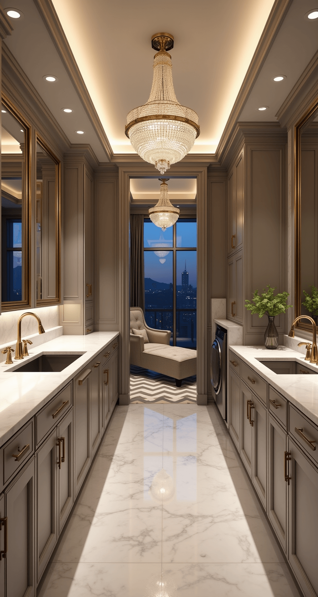 Luxurious laundry suite featuring taupe cabinets with gold hardware, marble countertops, and a grand chandelier, designed for a serene evening ambiance with a stylish central island and plush seating area.