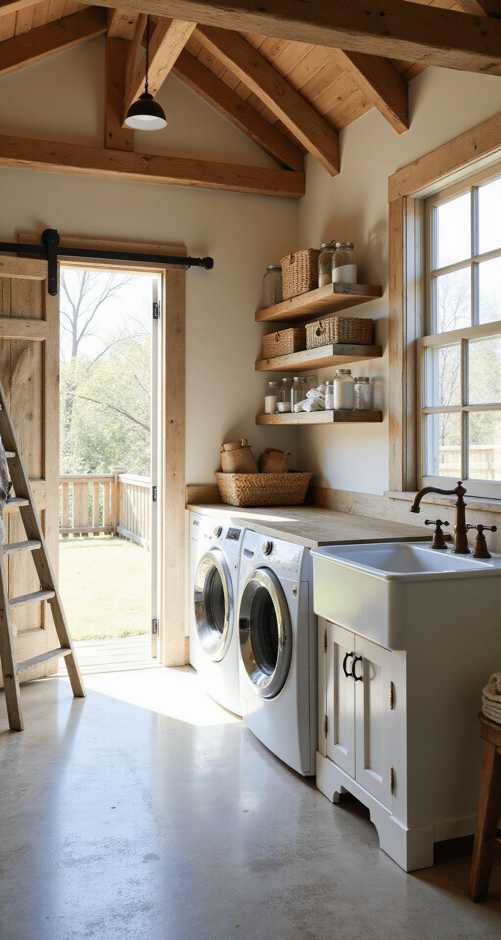 A sunlit laundry room featuring vaulted ceilings, exposed beams, a farmhouse window, and a sliding barn door, showcasing a front-loading washer and dryer, open shelving with woven baskets, a deep white porcelain sink with a copper faucet, and a vintage ladder with laundered linens. The color palette includes creamy whites, warm beiges, and hints of sage green.