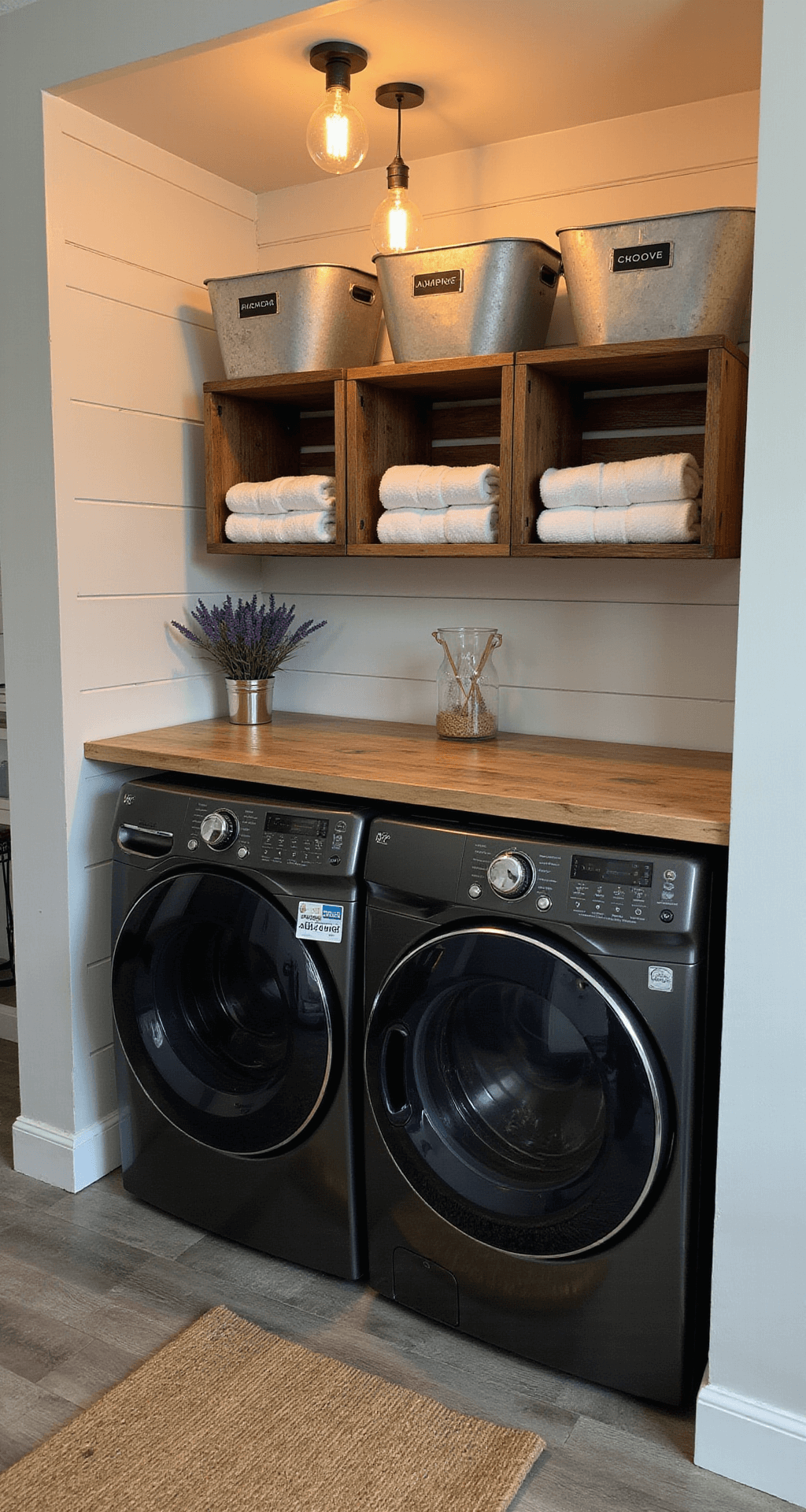 A cozy laundry nook featuring Edison bulb pendant lights, stacked wooden crates with folded towels, a matte black washer and dryer beneath a butcher block countertop, galvanized metal bins with chalkboard labels, dove gray shiplap walls, a jute rug over wood-look tile, and a potted lavender plant, all captured from a slightly elevated angle to highlight the intimate atmosphere.