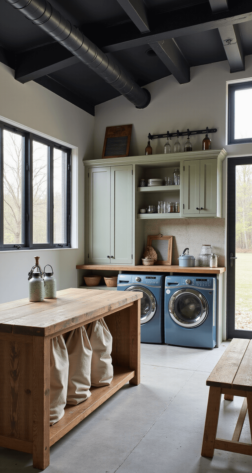 A spacious laundry room with a reclaimed wood island, custom sage green cabinetry, and exposed black ductwork, illuminated by soft morning light through frosted windows, featuring vintage decor and a sliding ladder.