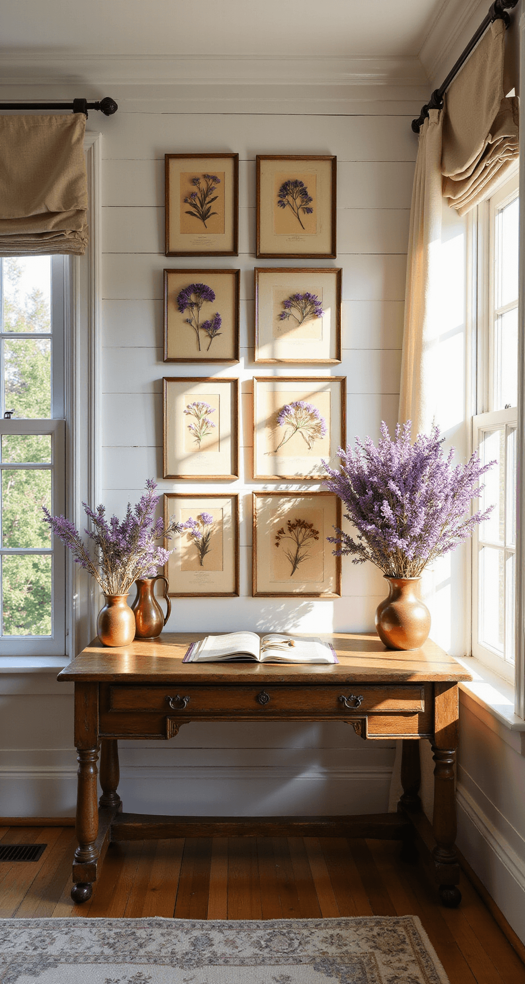 Interior home office featuring pressed purple wildflower specimens in vintage frames on a gallery wall, a weathered oak desk with dried violet arrangements in copper vases, and white shiplap walls bathed in warm, golden late afternoon sunlight.