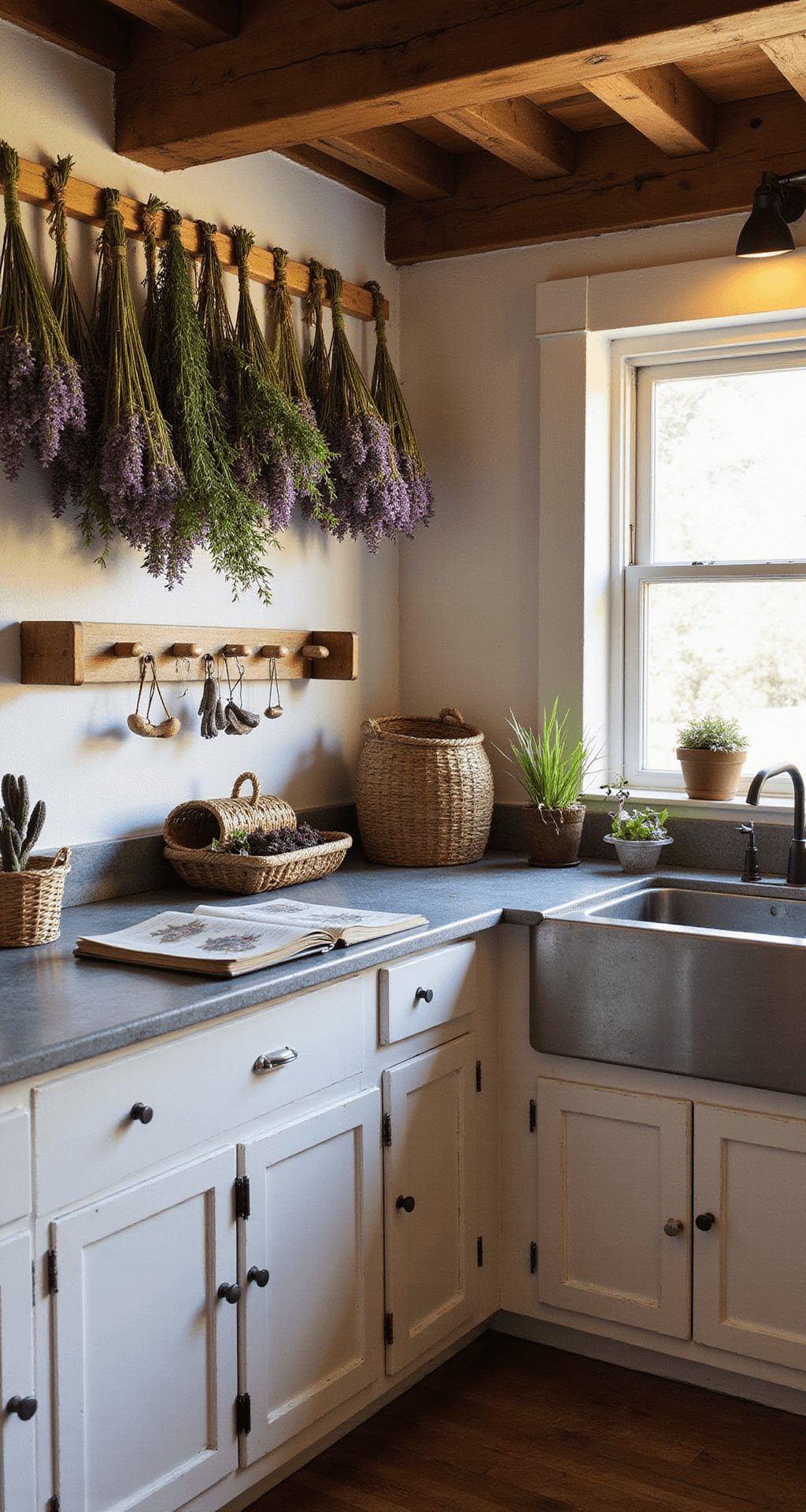 A cozy cottage kitchen with rustic white cabinets displaying hanging bundles of dried purple deadnettle and henbit, in a 10x12ft space with exposed wooden beams, illuminated by warm morning light. A vintage zinc countertop features wooden drying racks and botanical guides, while woven baskets hold freshly gathered herbs and flowers, all captured from a 45-degree elevated angle.