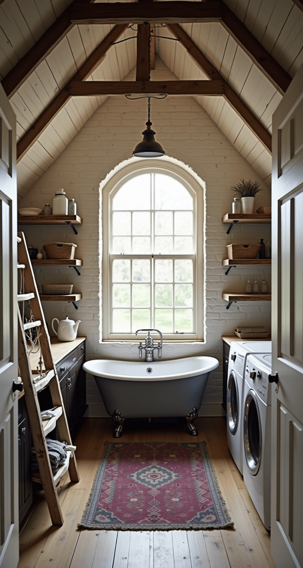 A cozy laundry room with a pitched ceiling, featuring wooden beams, a vintage clawfoot tub, modern washer and dryer, and woven baskets. Soft twilight light filters through an arched window, illuminating whitewashed brick walls and adding depth to the warm, muted color palette. A distressed ladder serves as a drying rack, while a faded antique rug adds color to the pine floor.