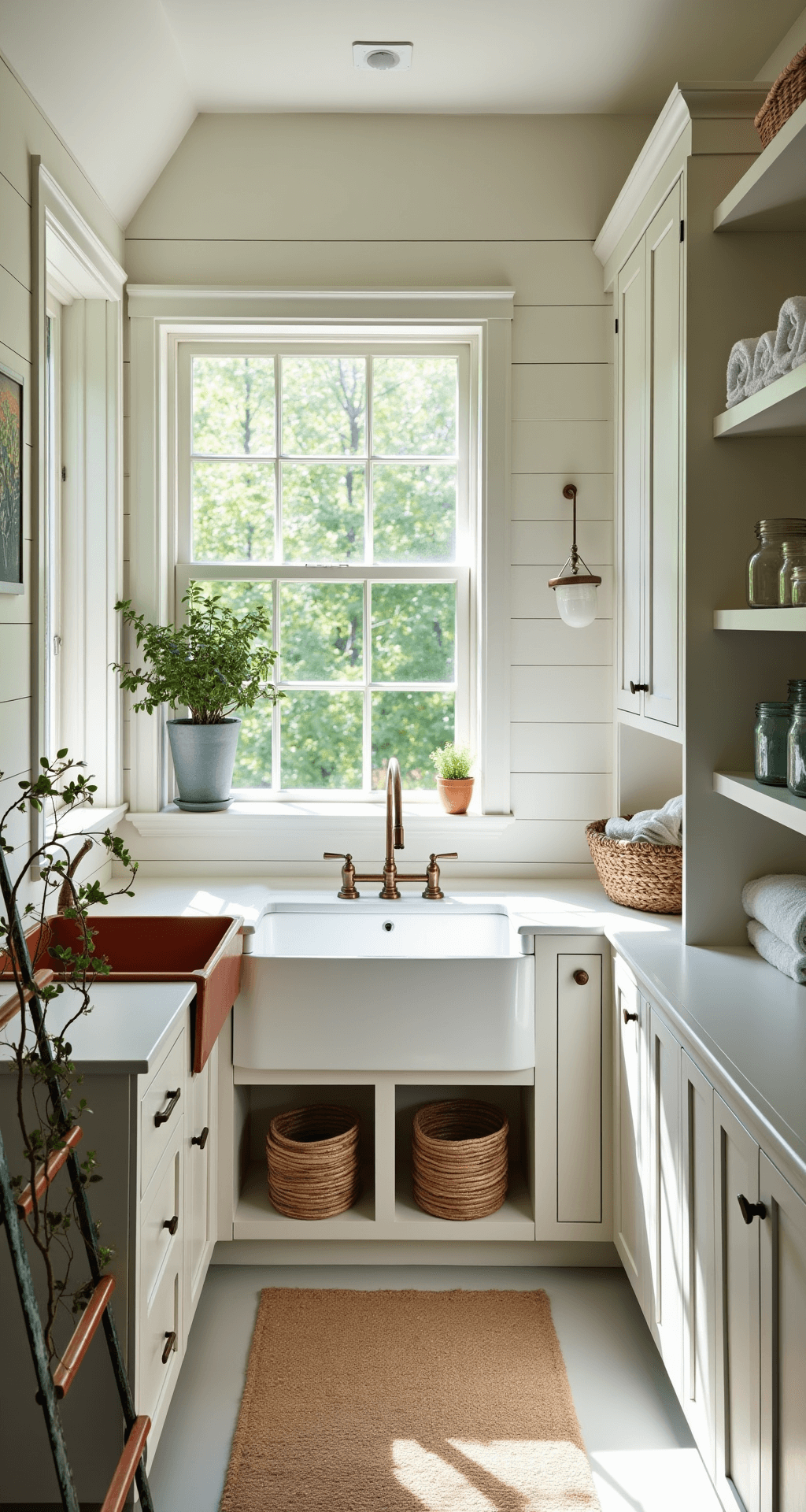 Bright and airy laundry room with floor-to-ceiling windows, white shiplap walls, vaulted ceiling, and natural light flooding the space. Features a custom laundry unit, open shelving with towels and supplies, a hammered copper farmhouse sink, and natural textures from woven baskets and a jute rug. A vintage step ladder serves as a plant stand, adding coastal-rustic charm.