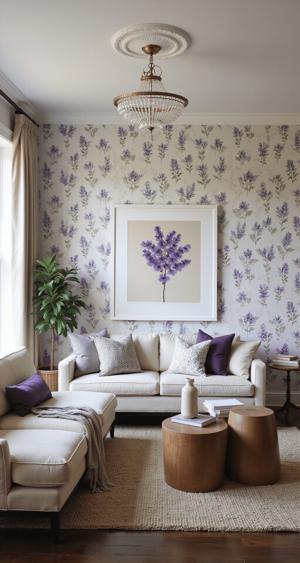 Modern farmhouse living room with purple botanical wallpaper featuring violet patterns, mid-century modern cream linen furniture, dark hardwood floors, brass accents, and a crystal chandelier, captured at dusk with professional lighting.