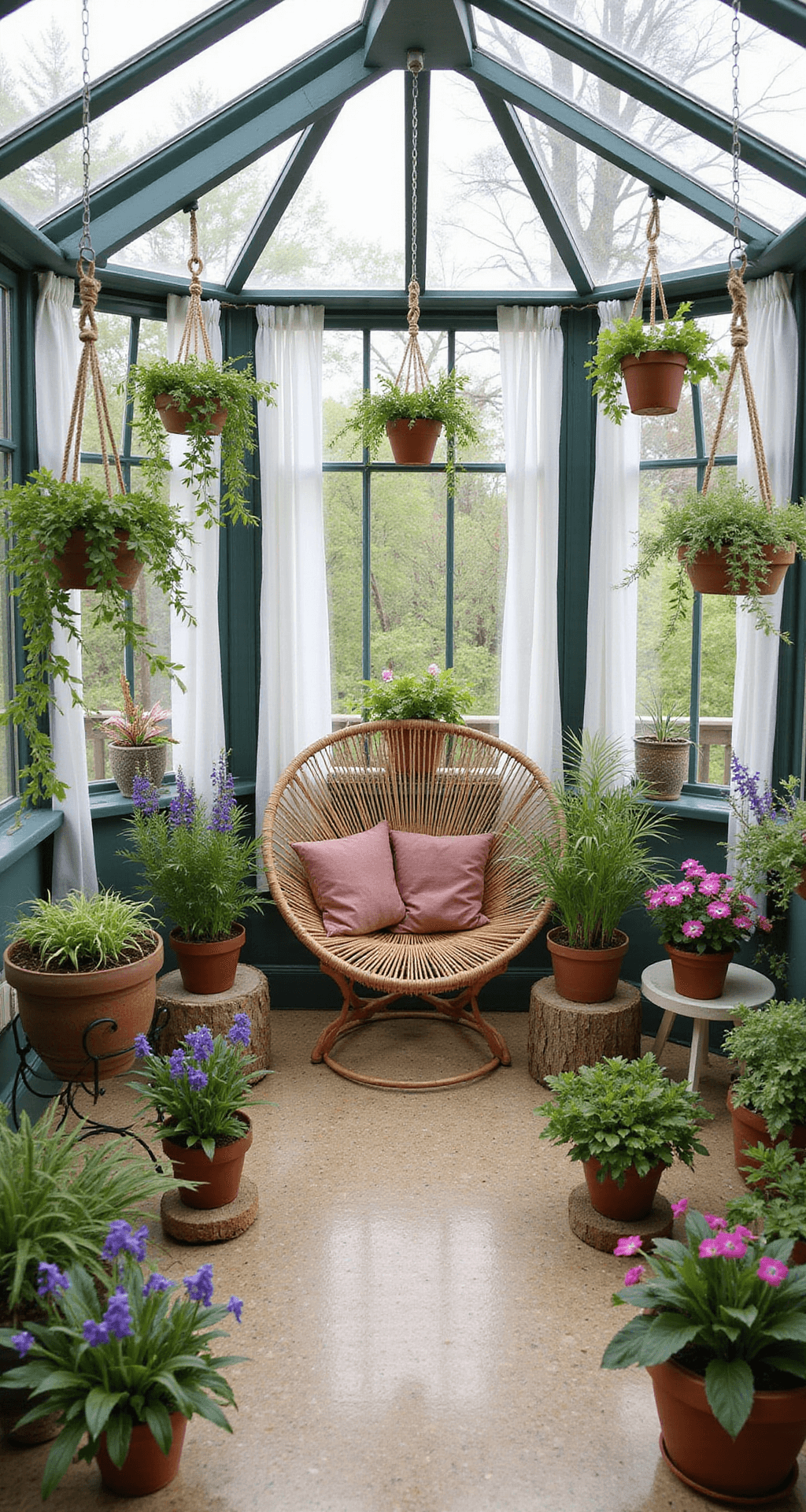 A sunroom sanctuary featuring purple flowering plants in terra cotta pots, with a rattan hanging chair and macramé plant hangers, all illuminated by diffused natural light through sheer white curtains, set within a 12x15ft glass-enclosed space with terrazzo flooring.