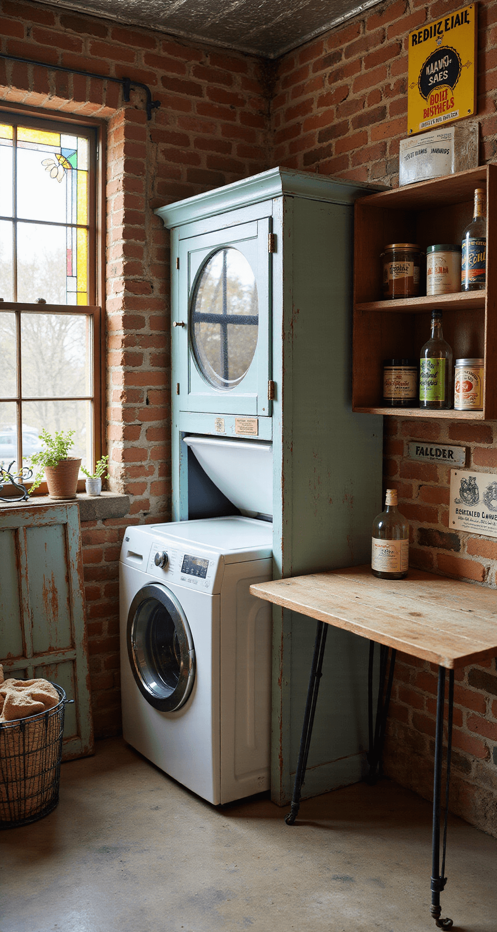 An eclectic laundry room featuring exposed brick walls, a pressed tin ceiling, and warm stained glass light creating colorful patterns; a compact washer and dryer hidden behind a robin's egg blue armoire, vintage tins and glass bottles on open wooden crate shelves, and a salvaged door as a folding table, with a wire basket for laundry, all exuding a whimsical, time-worn charm.