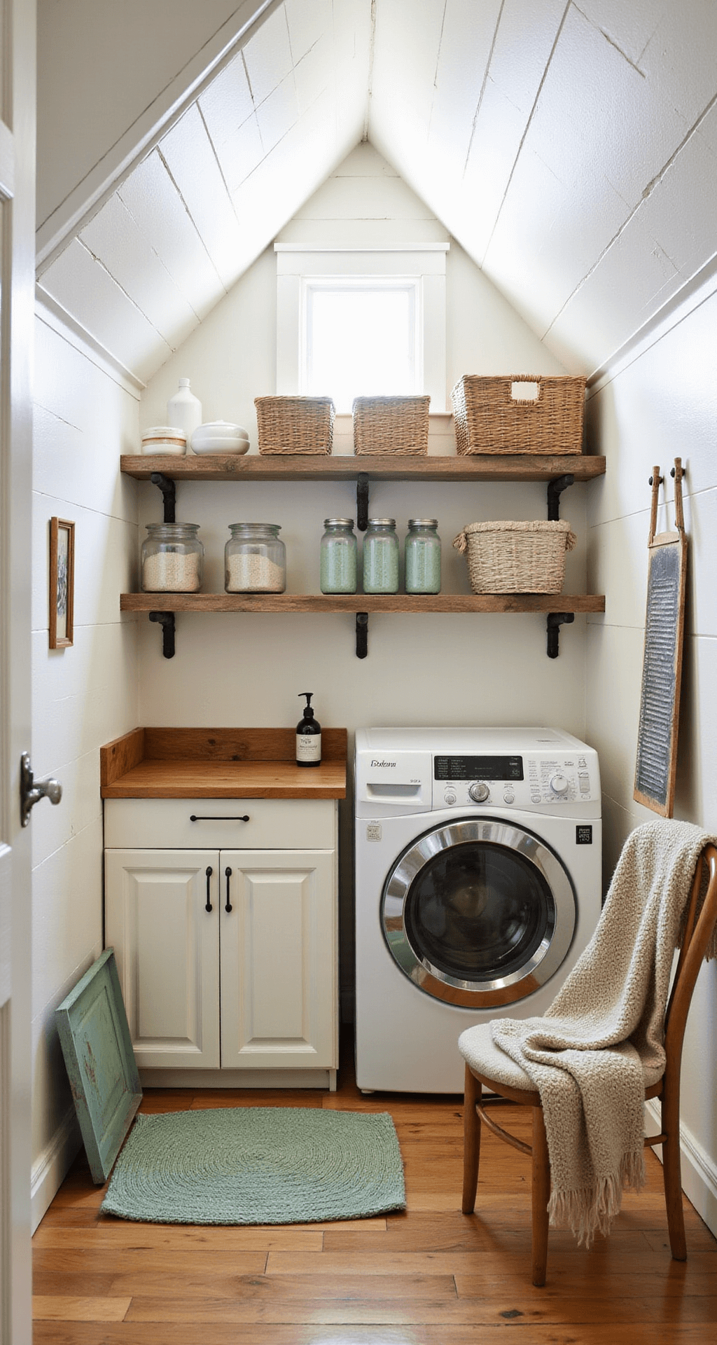 A cozy laundry room under a sloping attic roof, featuring soft daylight from a dormer window, white wooden paneling, cream washer and dryer, butcher block countertop, open shelving with baskets and jars, a vintage washboard drying rack, warm color scheme, braided rug on pine floors, and a bentwood chair with a throw.