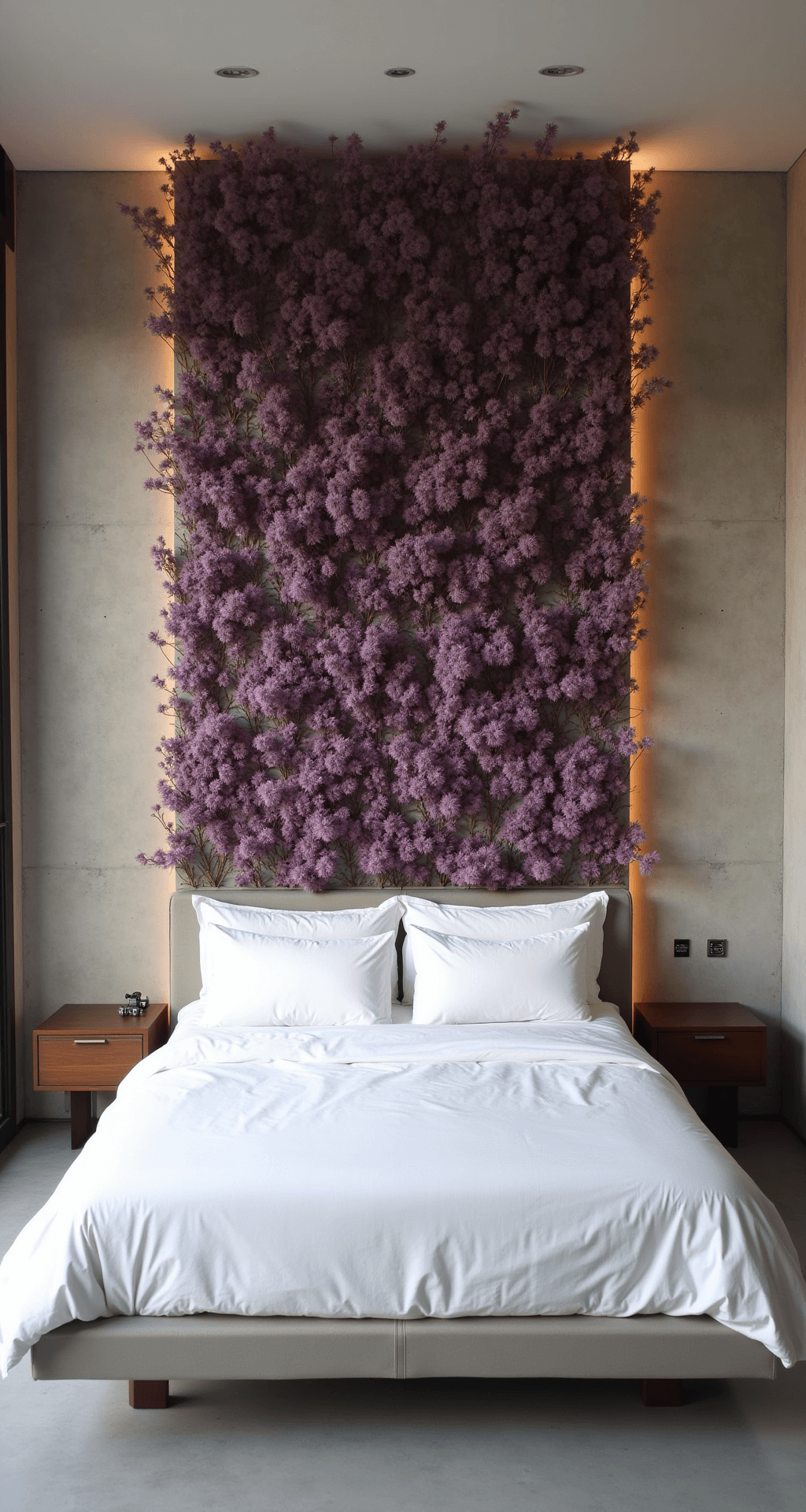 A minimalist bedroom featuring a floor-to-ceiling installation of dried purple thistle and vetch as a headboard above a platform bed, adorned with crisp white linens. The concrete walls serve as a neutral backdrop, while the morning sunlight casts dramatic shadows through the floral art, enhancing the room's texture and symmetry.