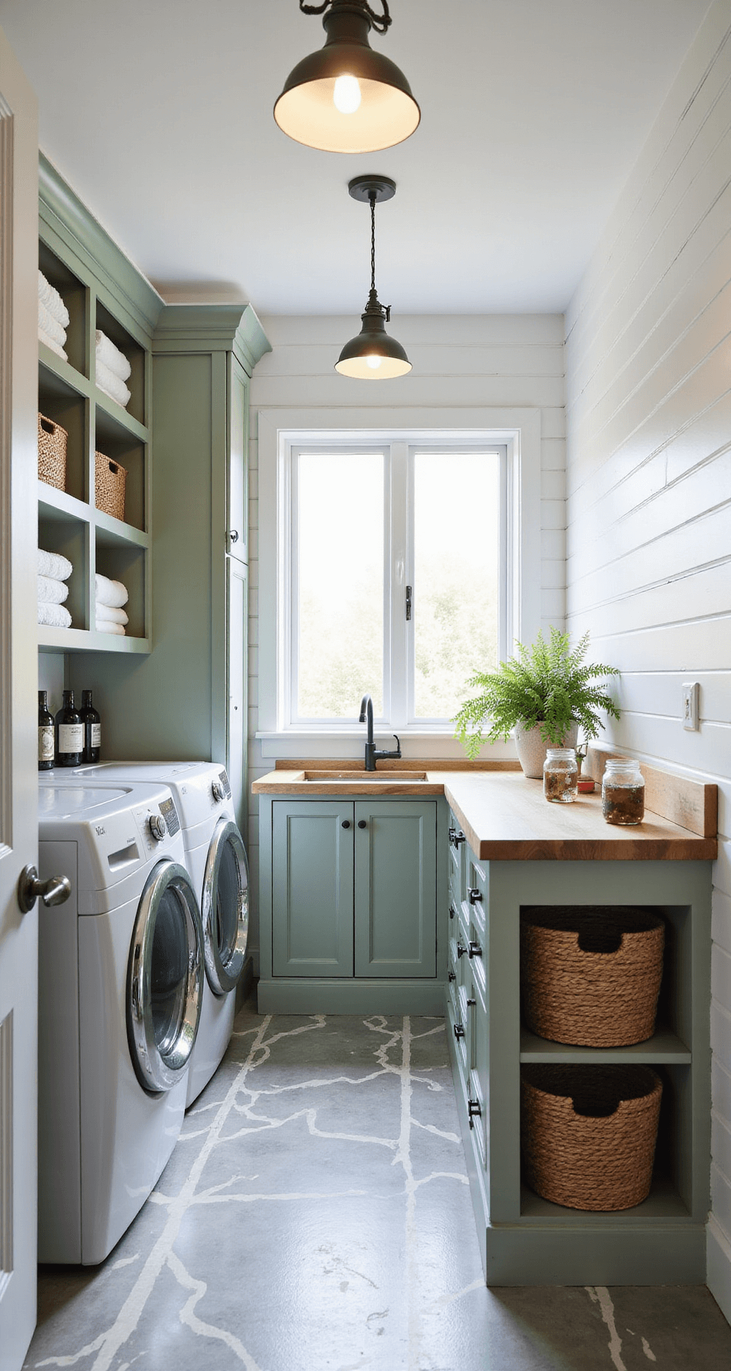 Bright and airy garage laundry room with shiplap walls, stacked washer and dryer, sage green shelving, butcher block countertop, stenciled geometric floor, vintage pendant lights, and decorative elements like folded towels and a potted fern.