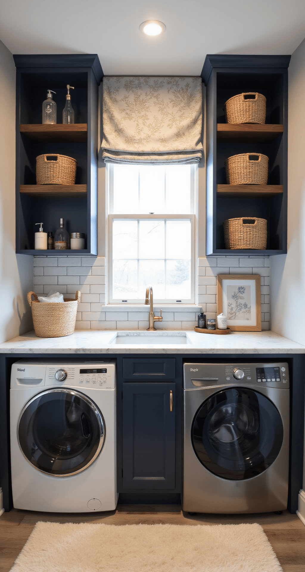 An elegant laundry nook in a garage, featuring navy blue cabinets with brass hardware, a front-loading washer and dryer, and a marble countertop with a herringbone tiled backsplash. Floating walnut shelves hold woven baskets and decor. A cream and gold runner adds warmth, while a floral Roman shade softens the look. The image focuses on the central work area, showcasing a vintage laundry basket and artisanal soap dispenser.