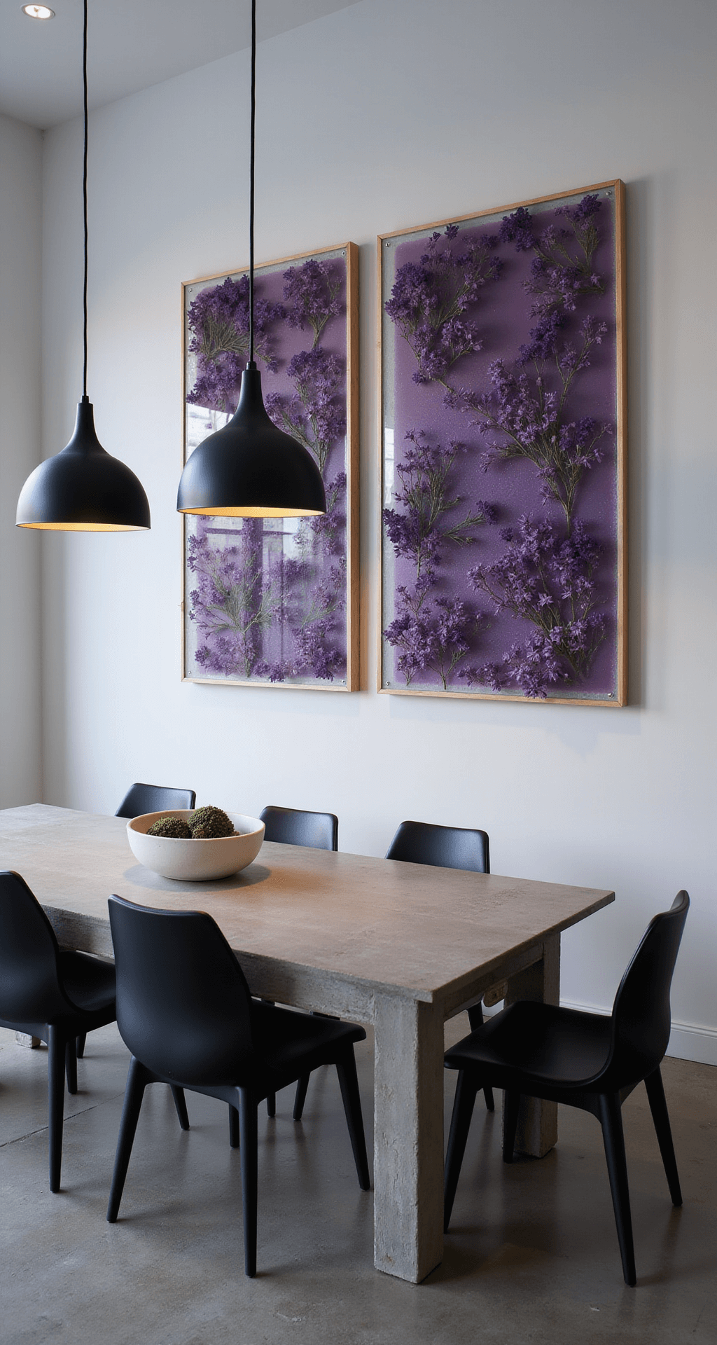 Contemporary dining room showcasing large-scale preserved purple flower resin art on the wall, with a minimalist concrete dining table and black chairs, illuminated by dramatic pendant lights during blue hour.